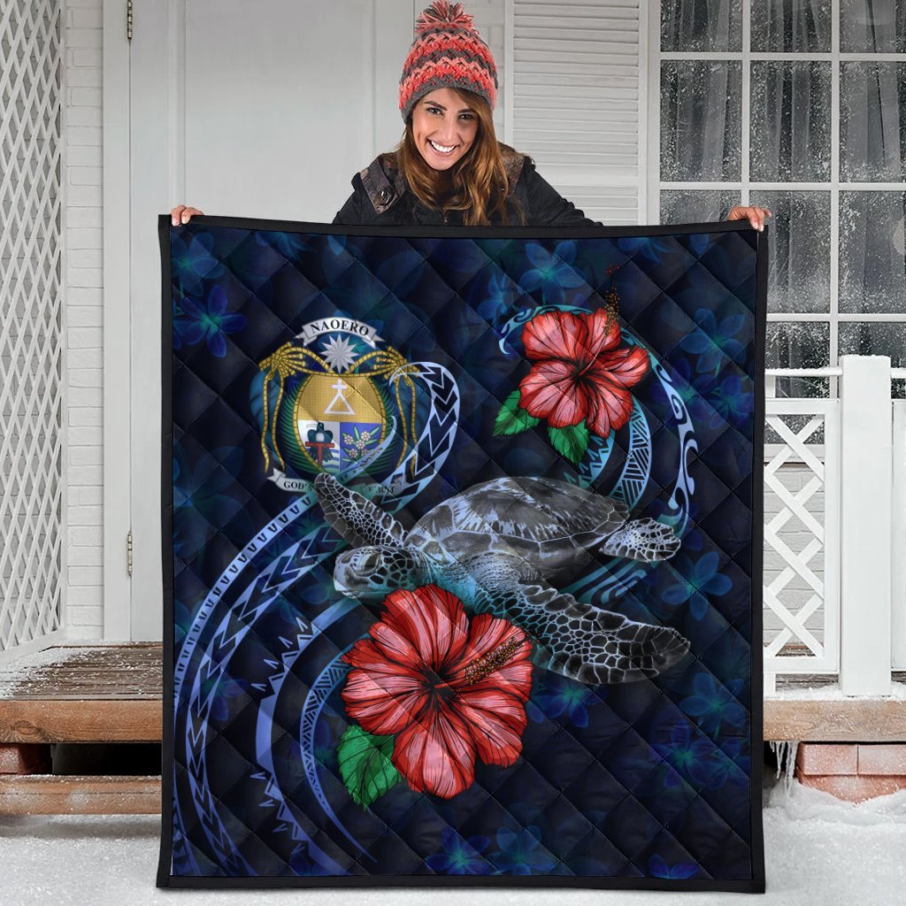 Nauru Polynesian Premium Quilt - Blue Turtle Hibiscus - Vibe Hoodie Shop