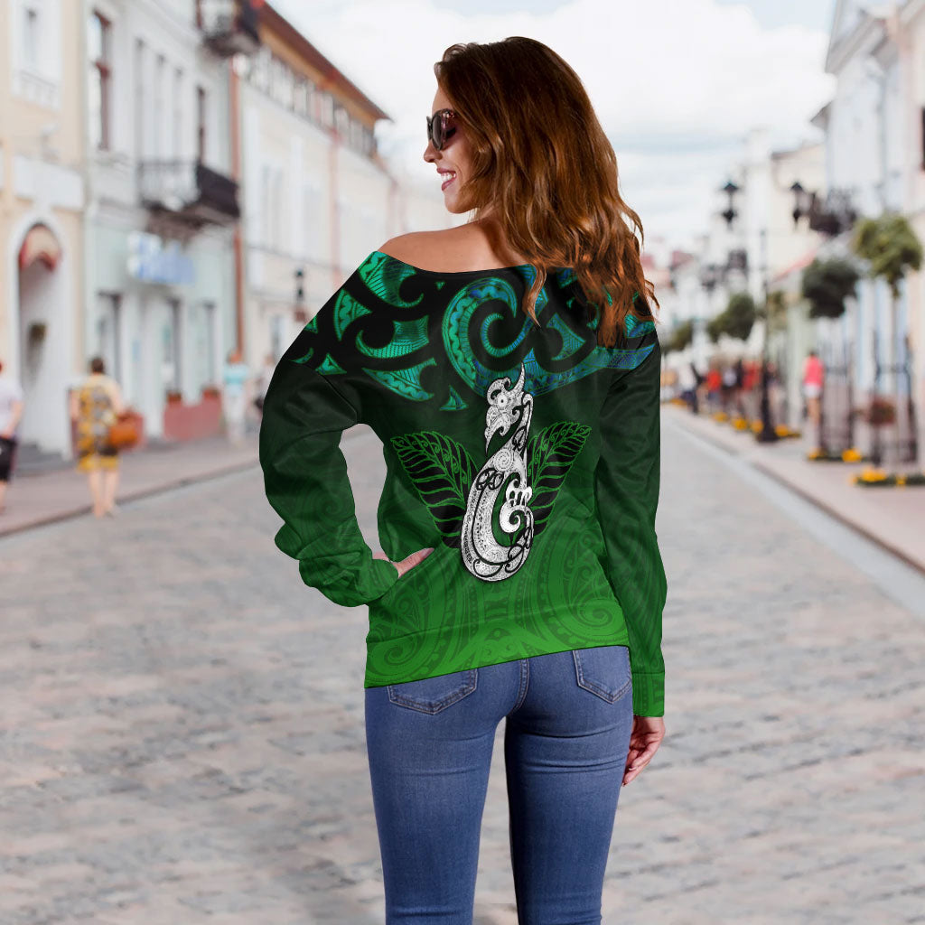 New Zealand Maori Women Off Shoulder Sweater - Paua Shell Green - - Vibe Hoodie Shop