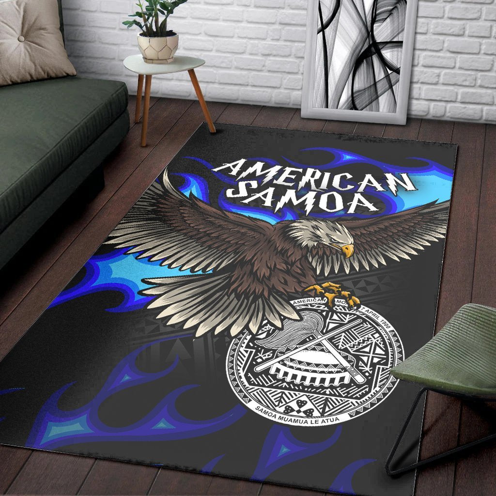 American Samoa Polynesian Area Rug - Eagle With Flame Blue - Vibe Hoodie Shop