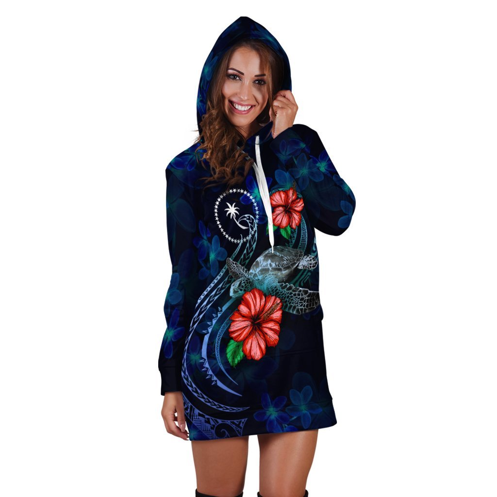 Chuuk Polynesian Hoodie Dress - Blue Turtle Hibiscus - Vibe Hoodie Shop