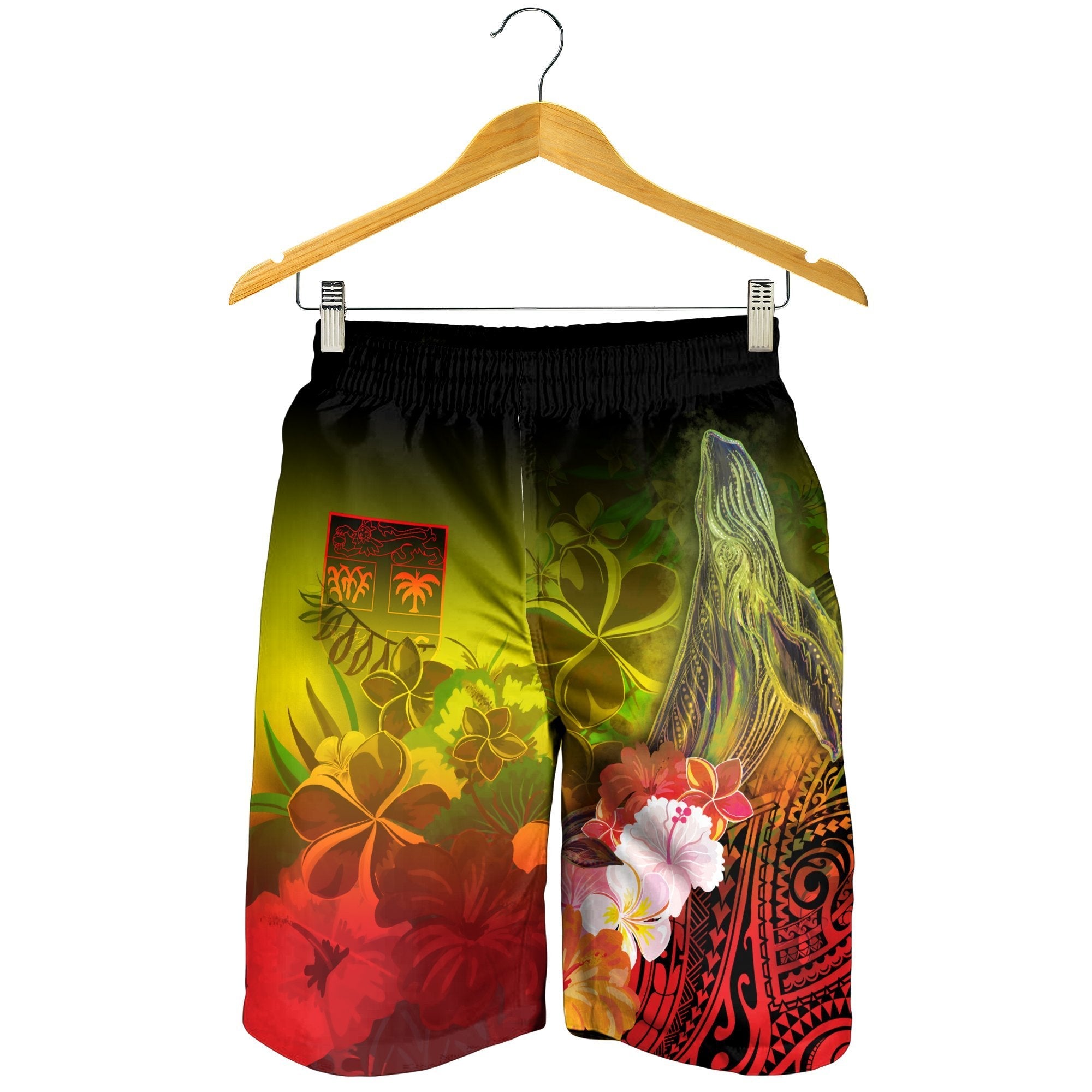 Fiji Men's Shorts - Humpback Whale with Tropical Flowers (Yellow) - Vibe Hoodie Shop