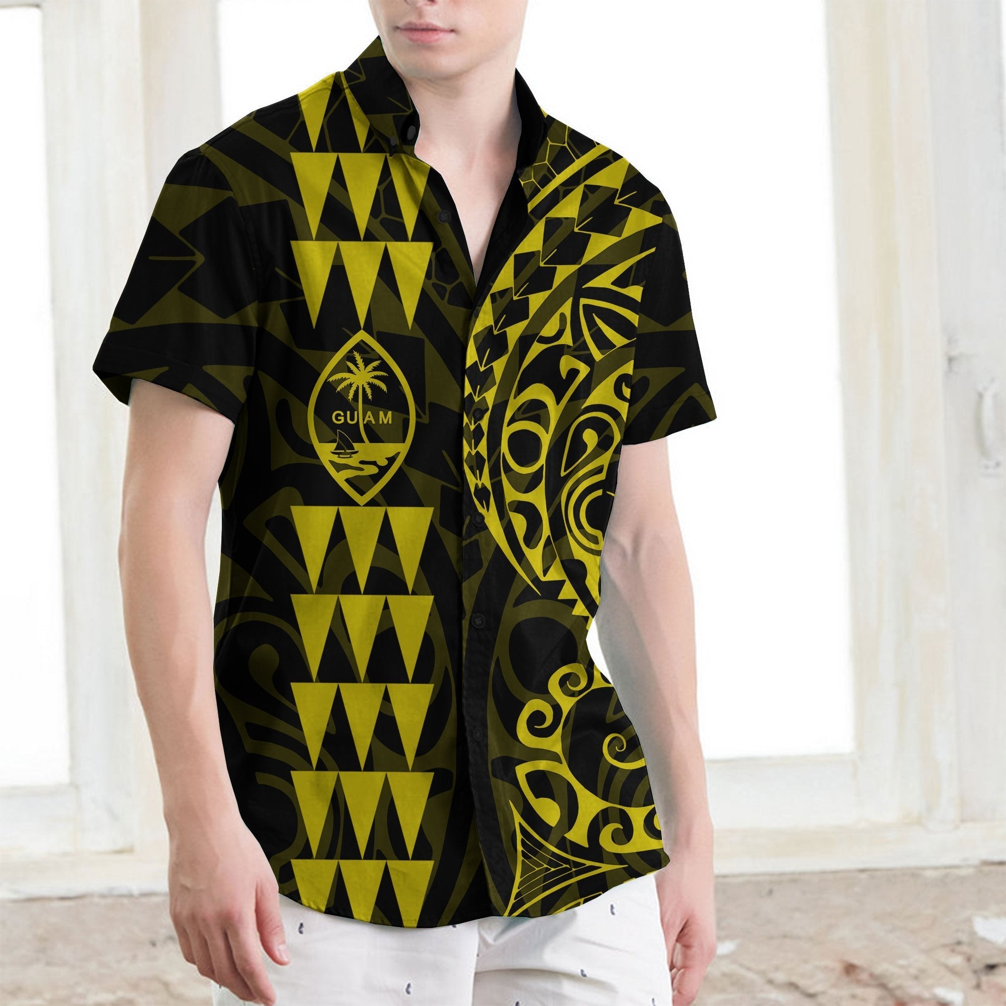 Guam Polynesian Short Sleeve Shirt Yellow - Vibe Hoodie Shop