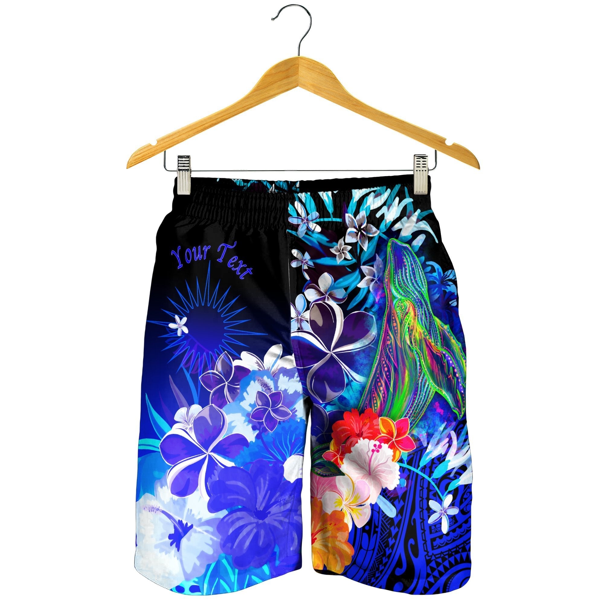 Marshall Islands Custom Personalised Men's Shorts - Humpback Whale with Tropical Flowers (Blue) - Vibe Hoodie Shop