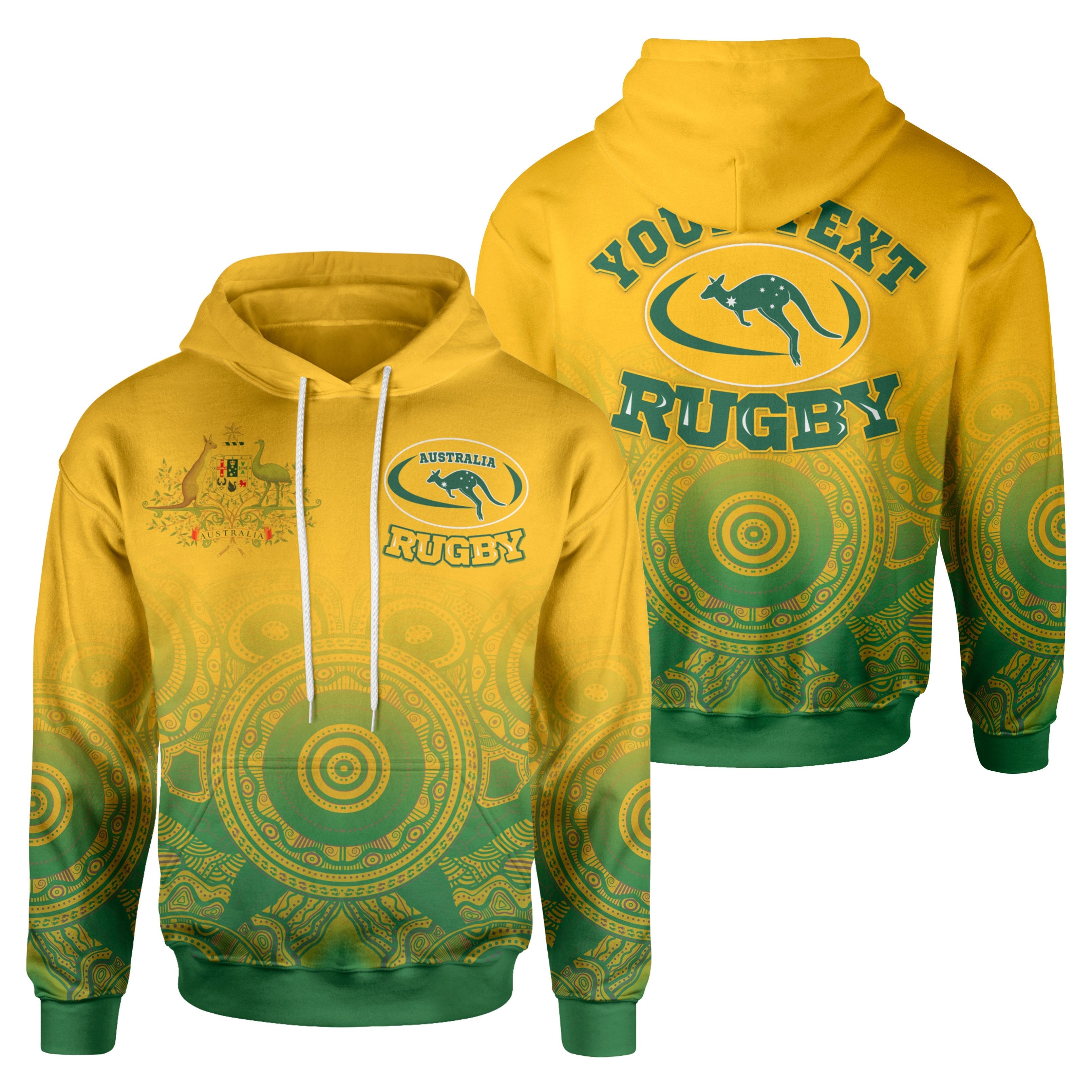 Custom Aboriginal Hoodie, Australia Rugby and Coat Of Arms - Vibe Hoodie Shop