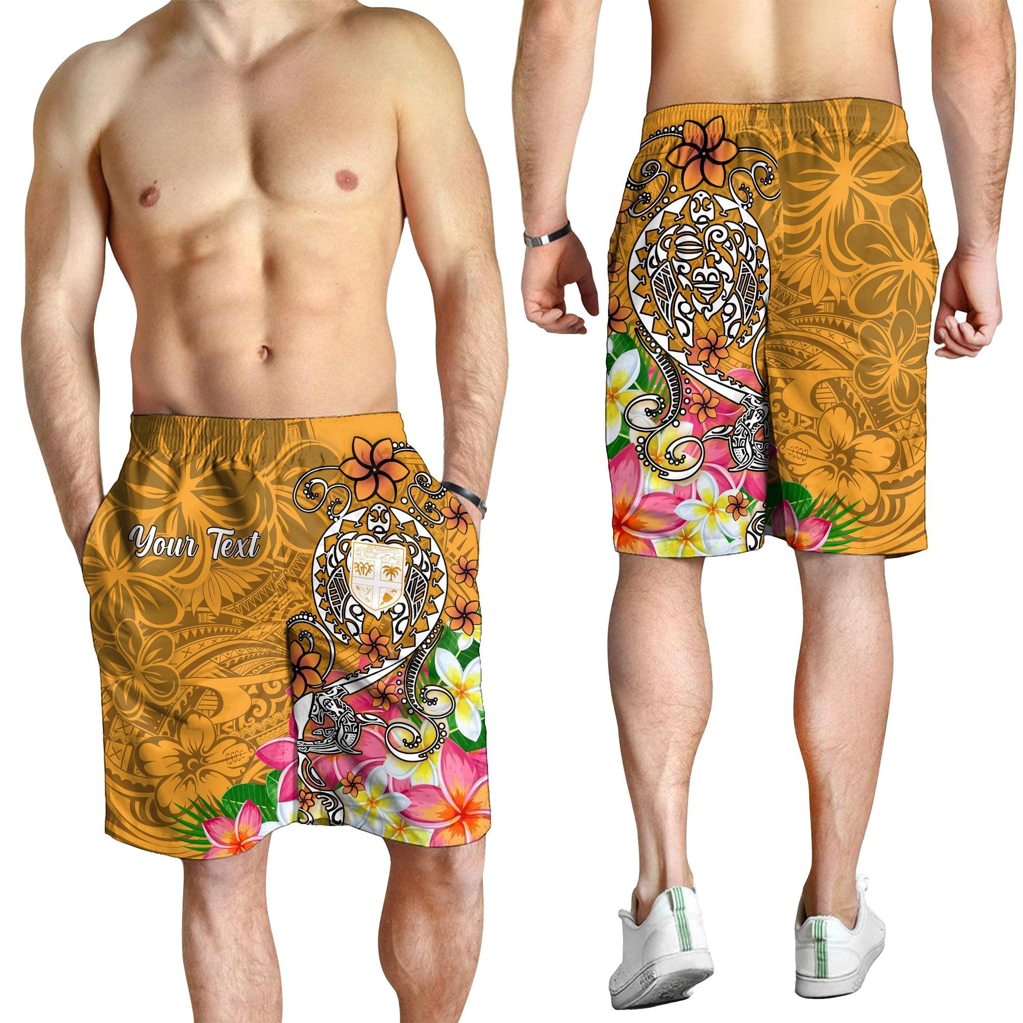 Fiji Custom Personalised Men's Shorts - Turtle Plumeria (Gold) - Vibe Hoodie Shop