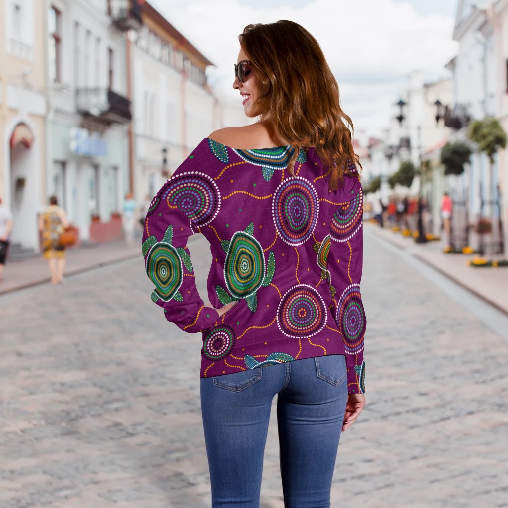 Women Off Shoulder - Aboriginal Turtle Purple Australia Dot Patterns - Vibe Hoodie Shop