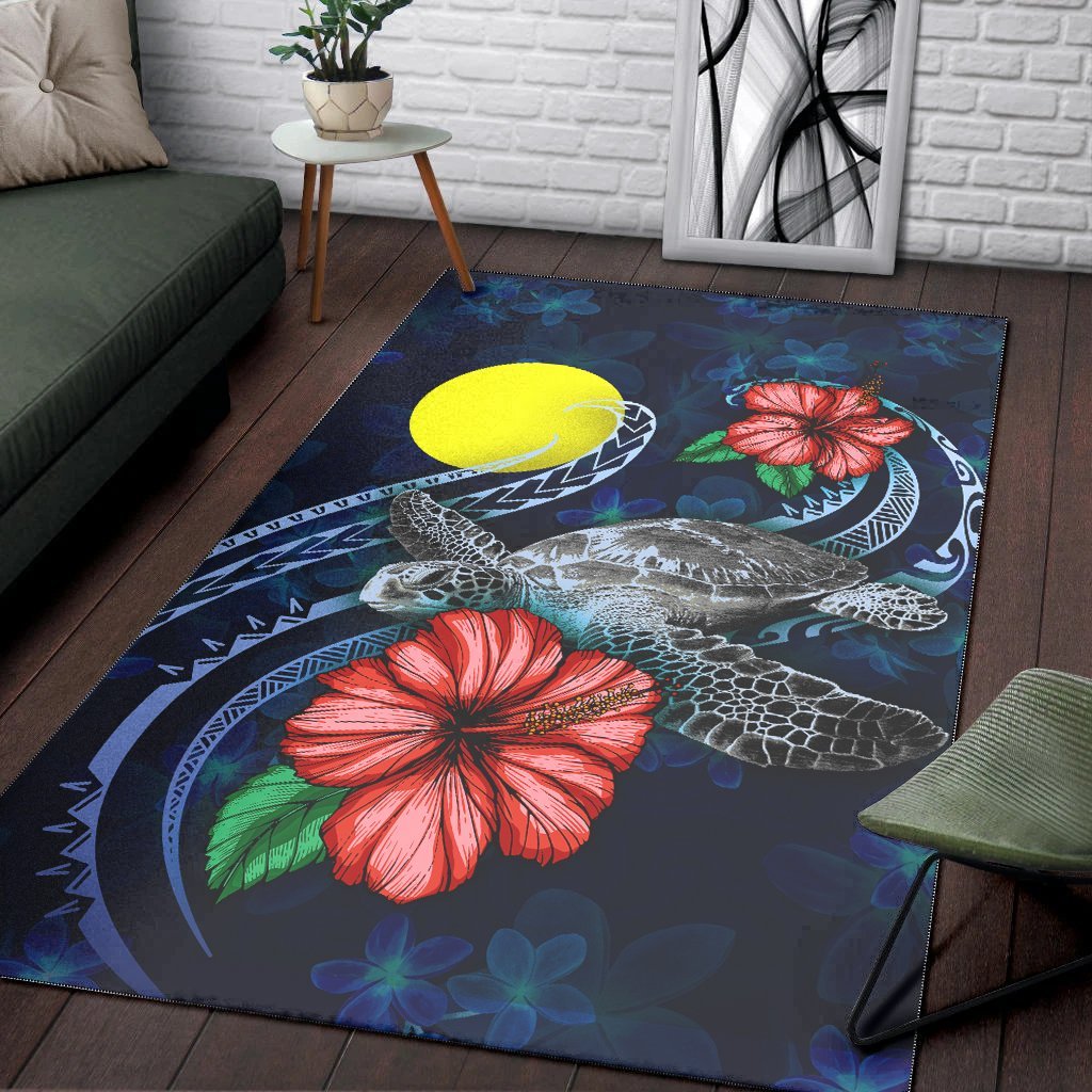 Palau Polynesian Area Rug - Blue Turtle Hibiscus - Vibe Hoodie Shop