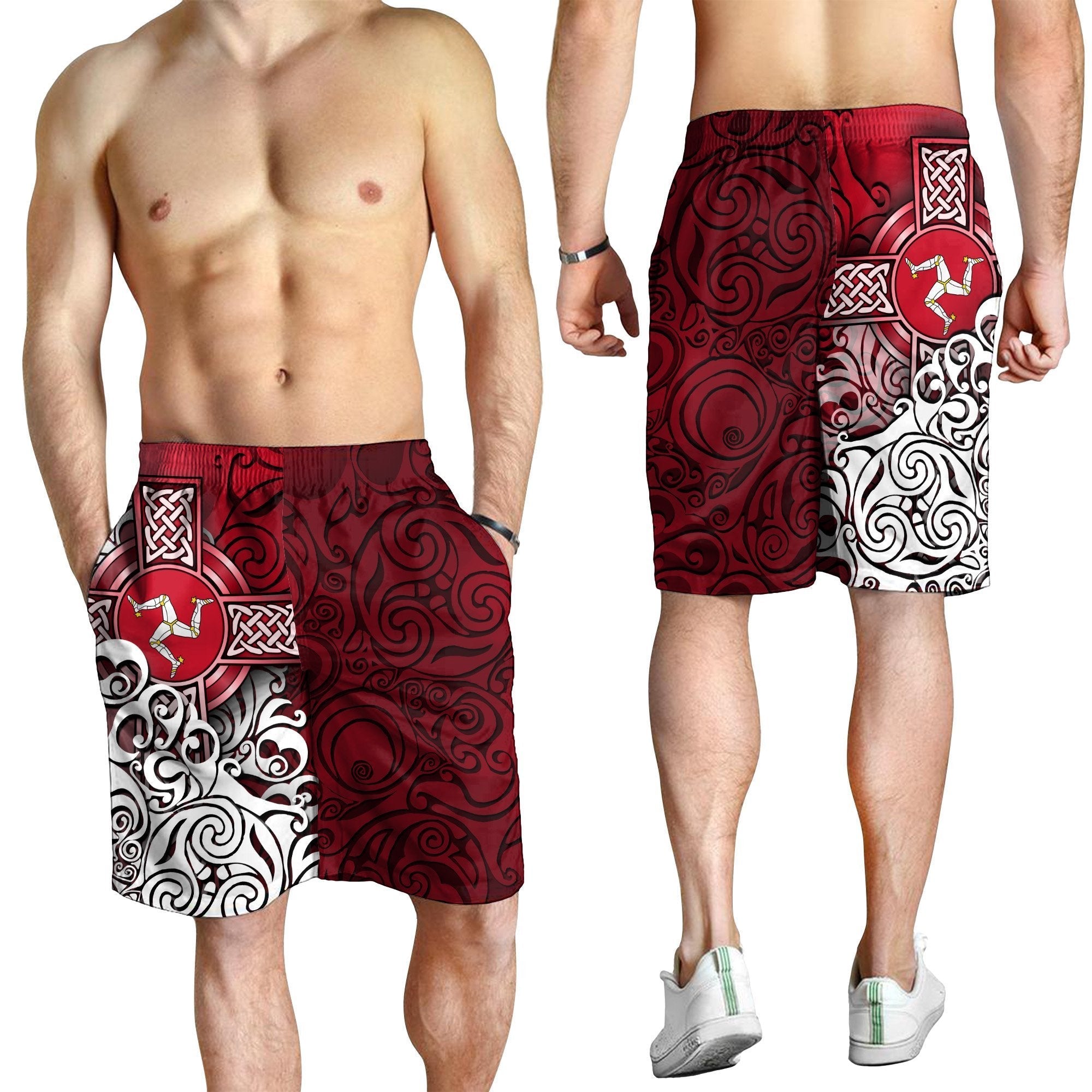 Celtic Men's Shorts - Isle Of Man Flag With Celtic Cross - Vibe Hoodie Shop