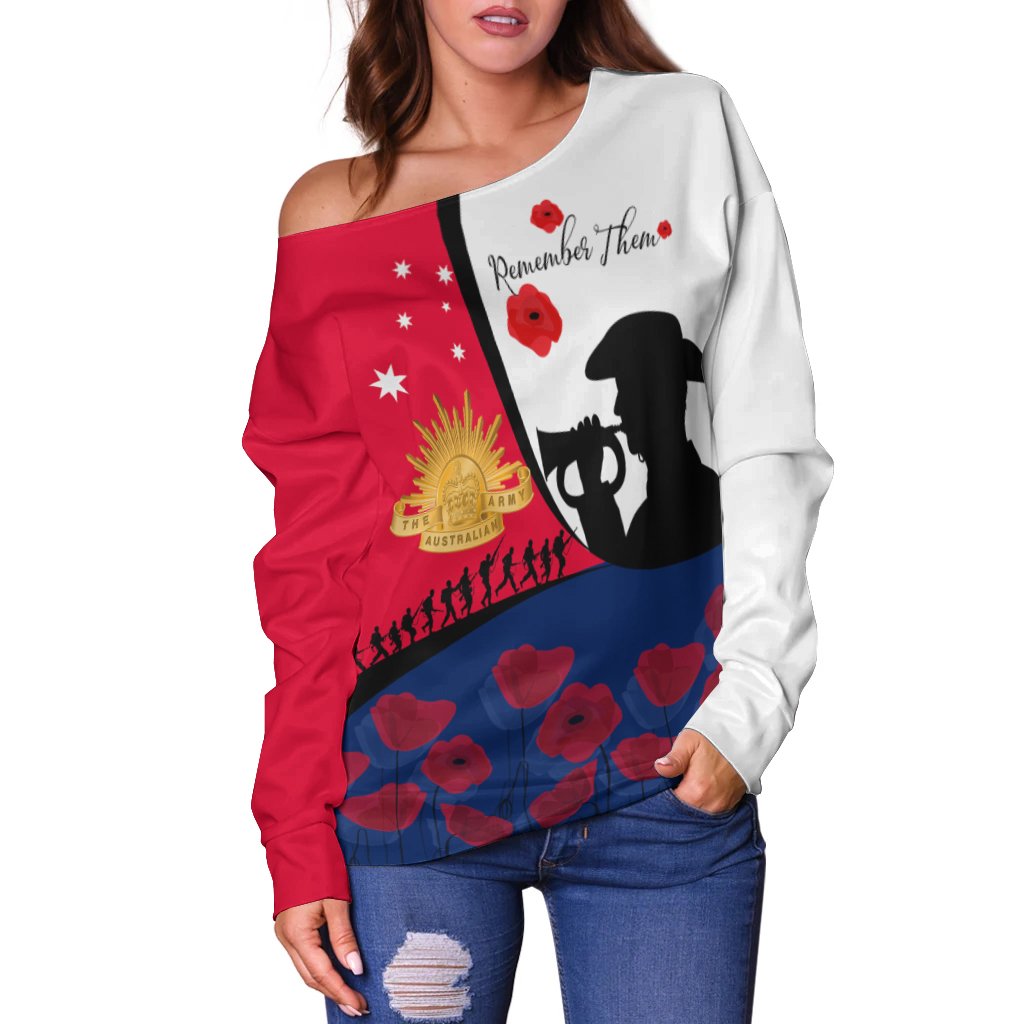 ANZAC Day Women's Off Shoulder Sweater - We will remember Them - Vibe Hoodie Shop