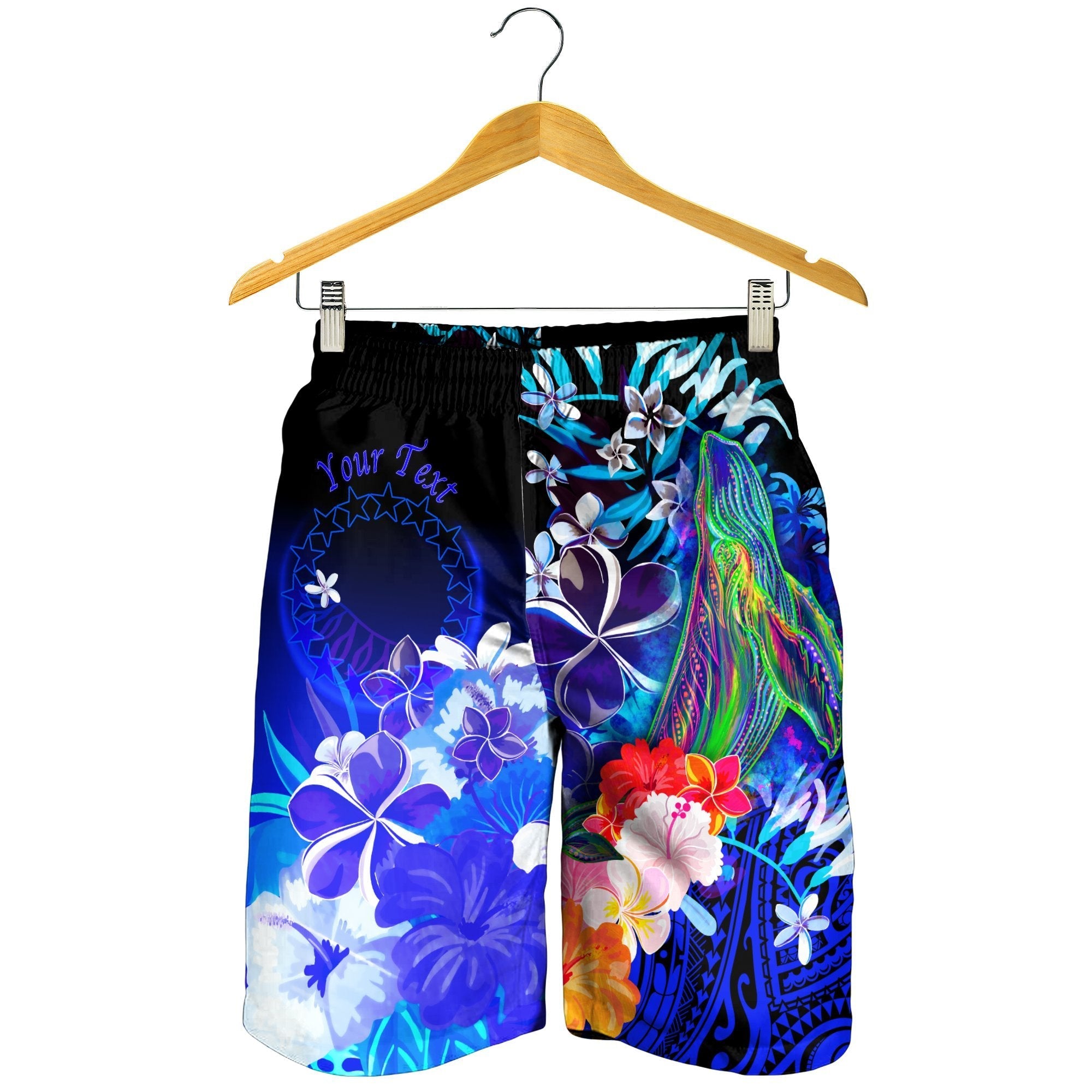 Cook Islands Custom Personalised Men's Shorts - Humpback Whale with Tropical Flowers (Blue) - Vibe Hoodie Shop