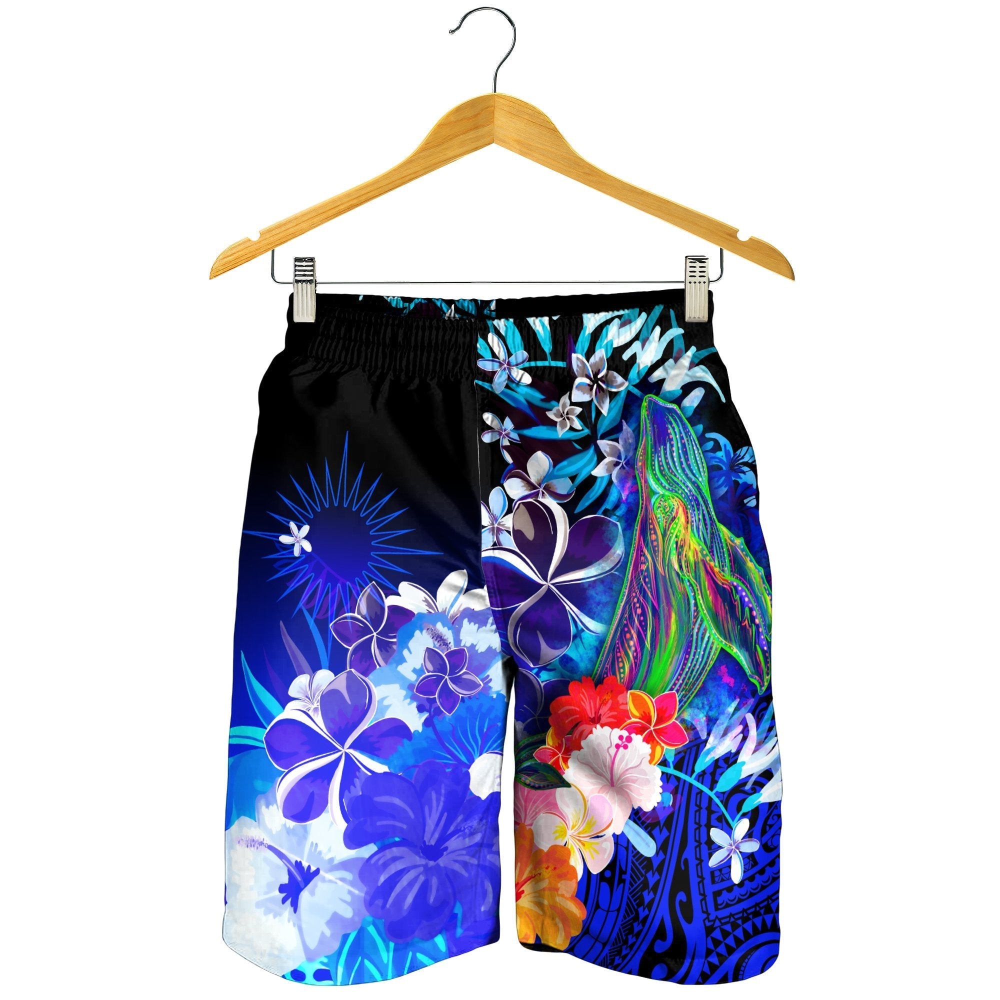 Marshall Islands Men's Shorts - Humpback Whale with Tropical Flowers (Blue) - Vibe Hoodie Shop