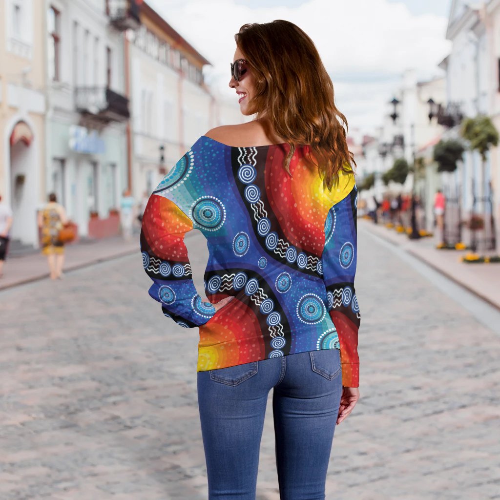 off Shoulder Sweater - Aboriginal Color Dot Painting - Vibe Hoodie Shop
