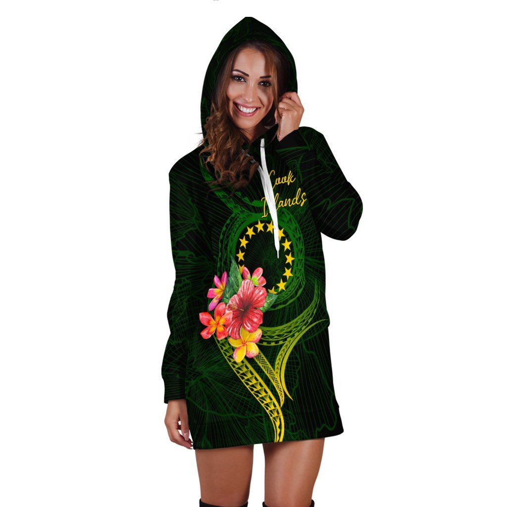 Cook Islands Polynesian Hoodie Dress - Floral With Seal Flag Color - Vibe Hoodie Shop