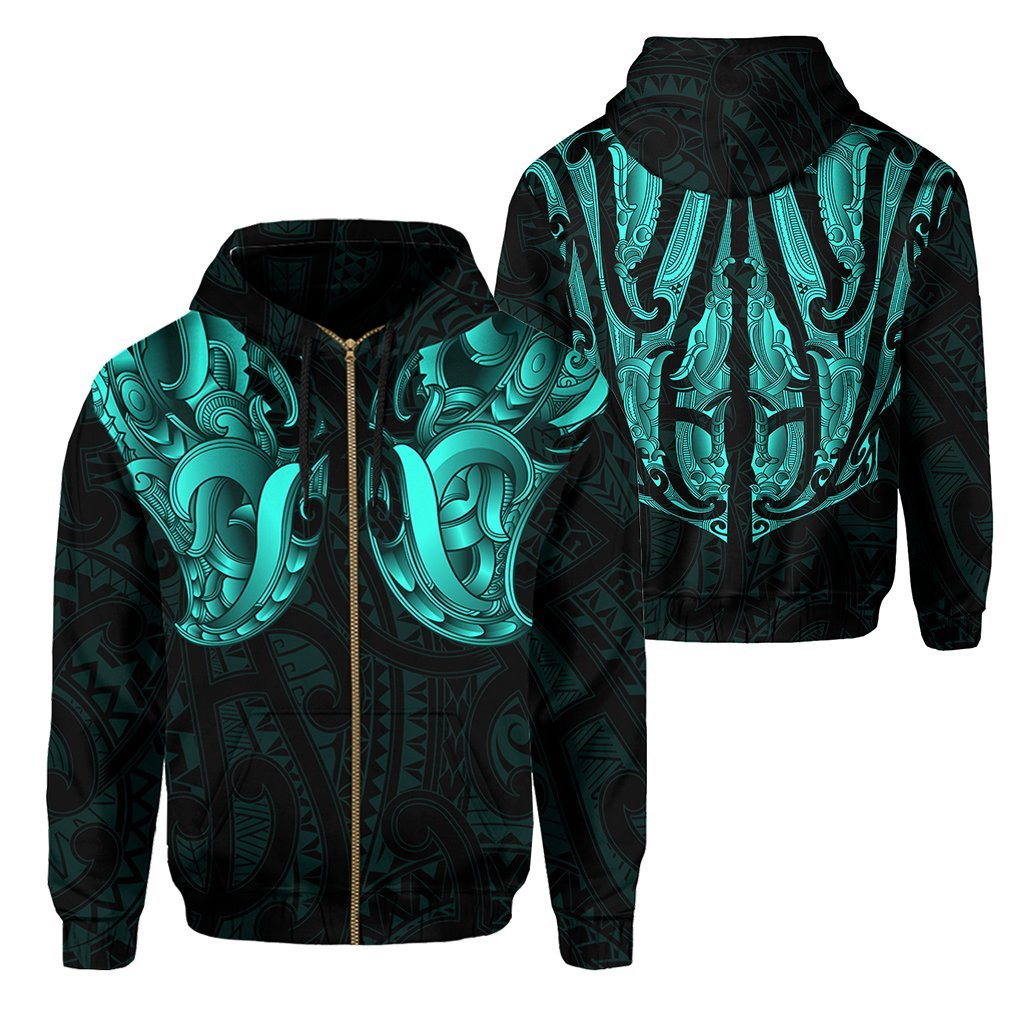 Maori Ta Moko Zip Hoodie New Zealand Turquoise - Vibe Hoodie Shop