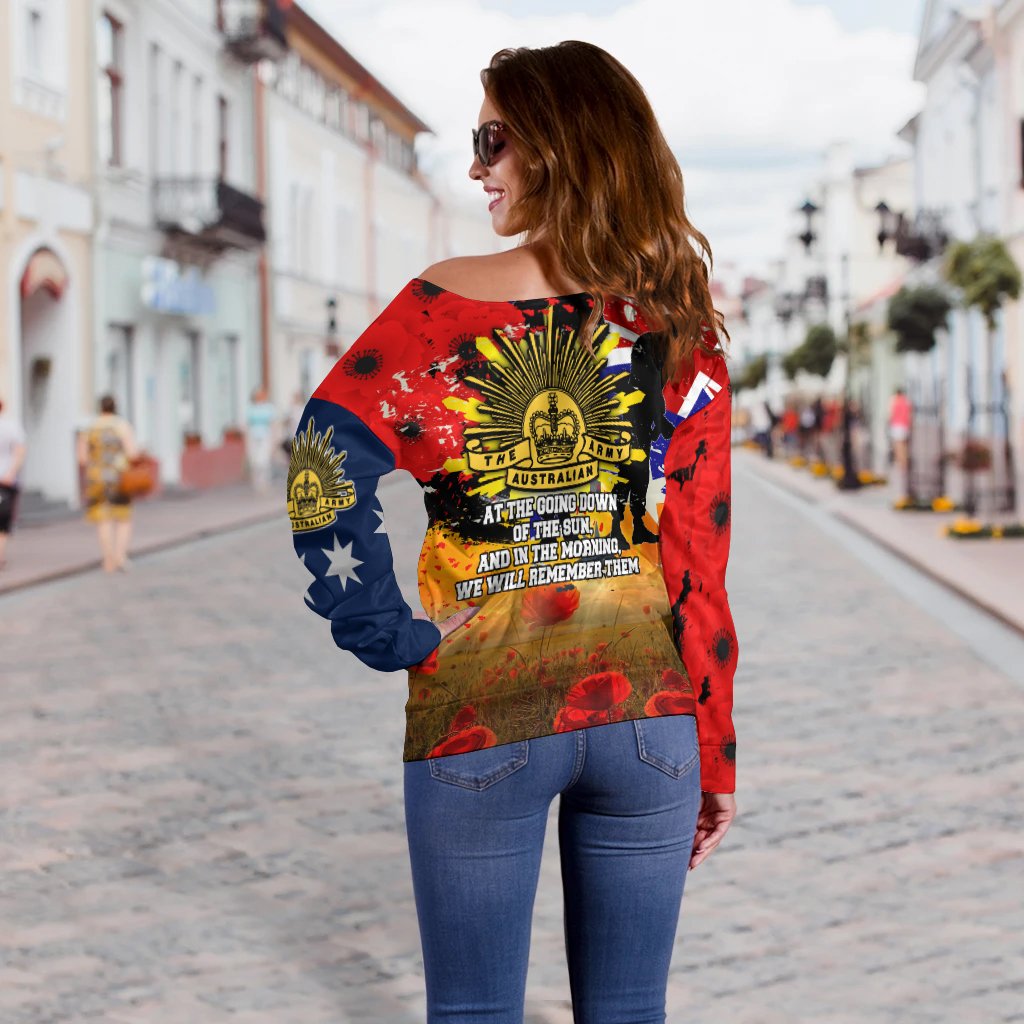 Off Shoulder Sweater - ANZAC Day 2021 World War II Commemoration 1939 - 1945 - Vibe Hoodie Shop