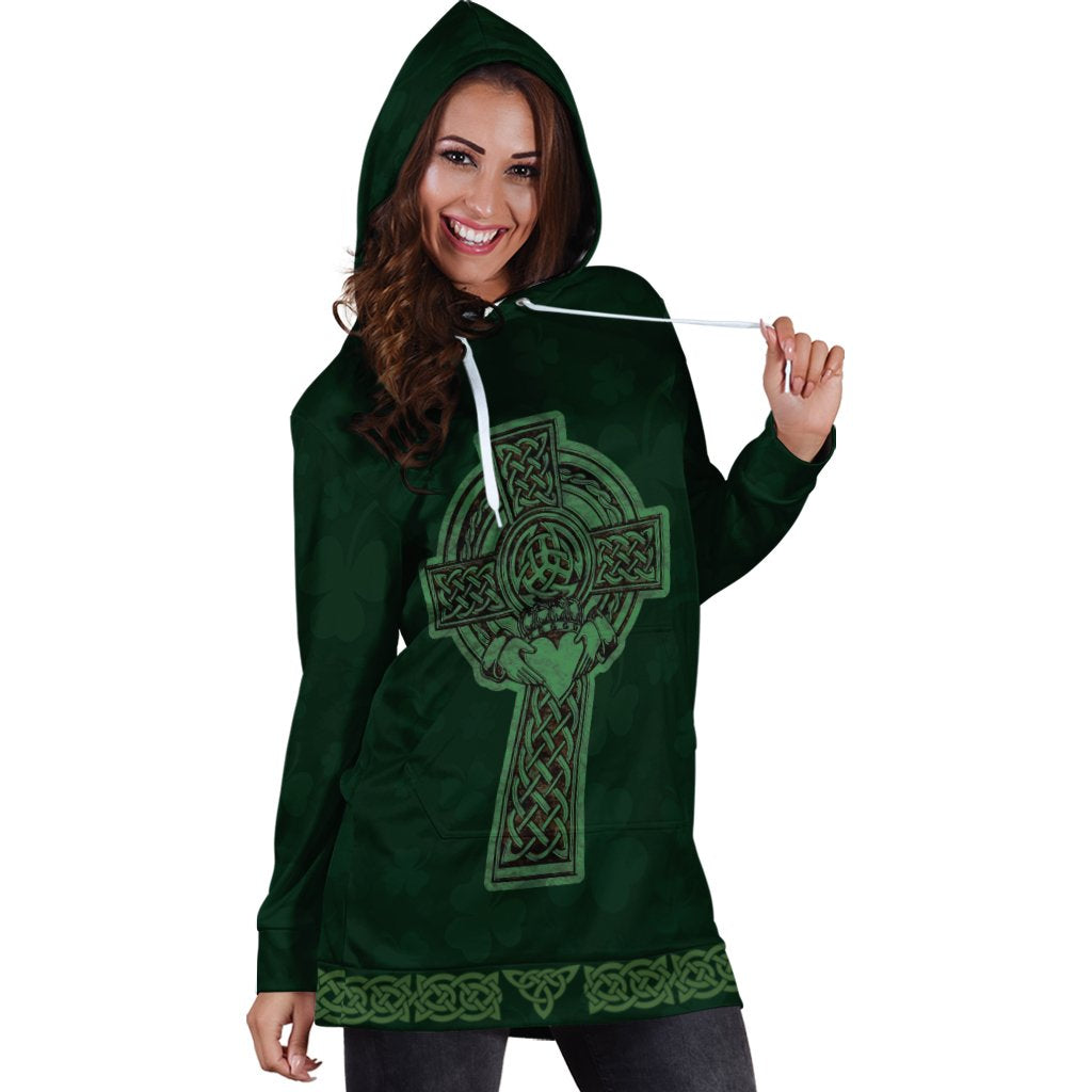 Celtic Ireland Hoodie Dress - Irish Cross with Celtic Knot and Claddagh Ring - Vibe Hoodie Shop