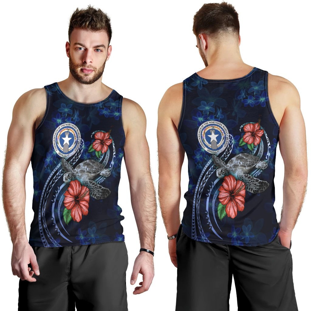 Northern Mariana Islands Polynesian Men Tank Top - Blue Turtle Hibiscus - Vibe Hoodie Shop