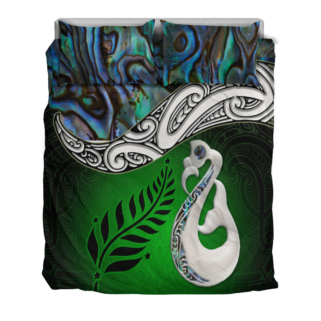 New Zealand Maori Bedding Set Silver Fern - Manaia Paua Shell Glitter Green LT4 - Vibe Hoodie Shop