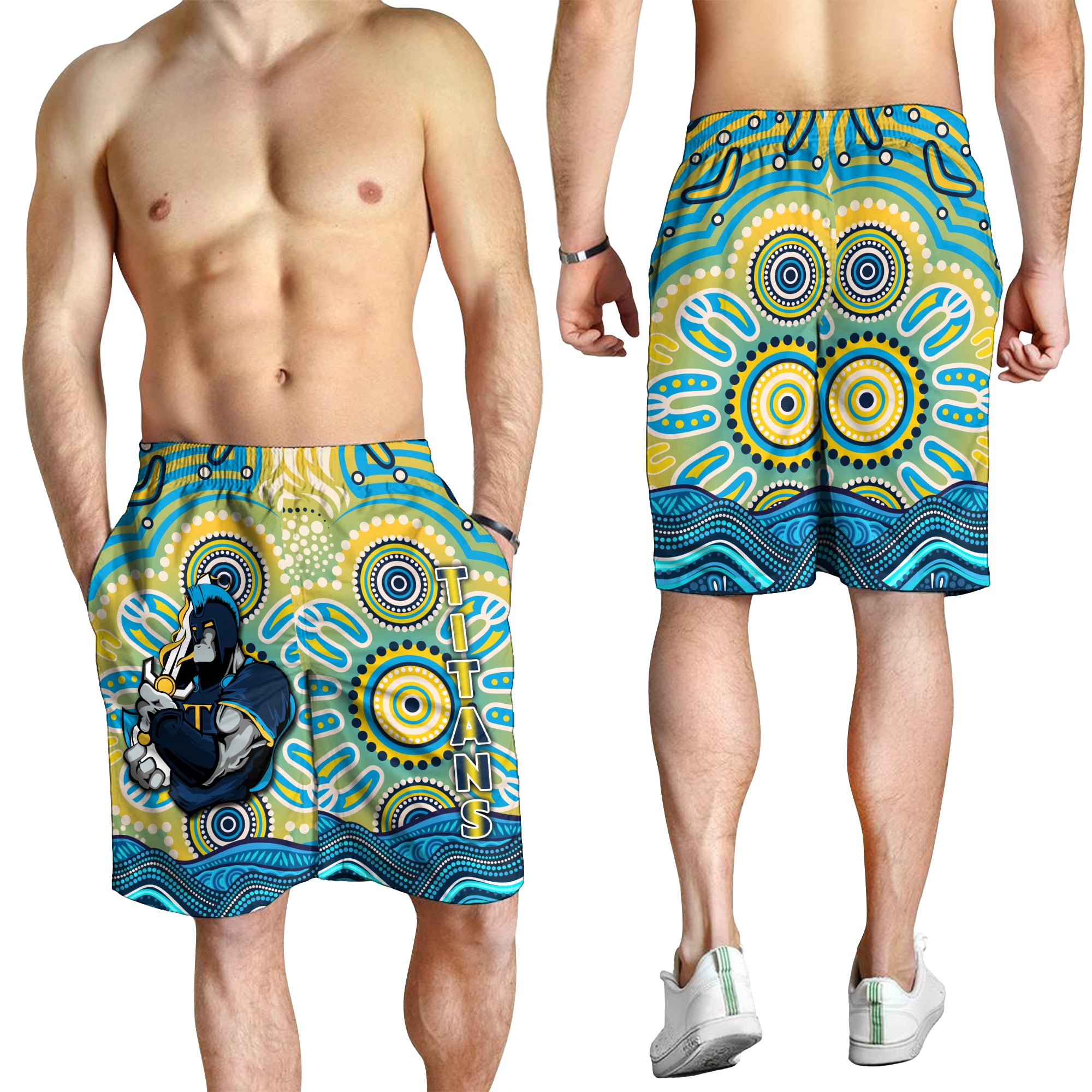 Titans Rugby Australia Aboriginal Gold Blue Men Short - - Vibe Hoodie Shop