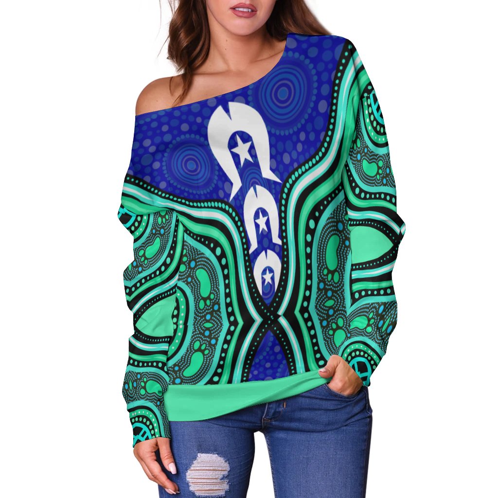 Torres Strait Women's Off Shoulder Sweater - Torres Strait Symbol And Aboriginal Patterns - Vibe Hoodie Shop