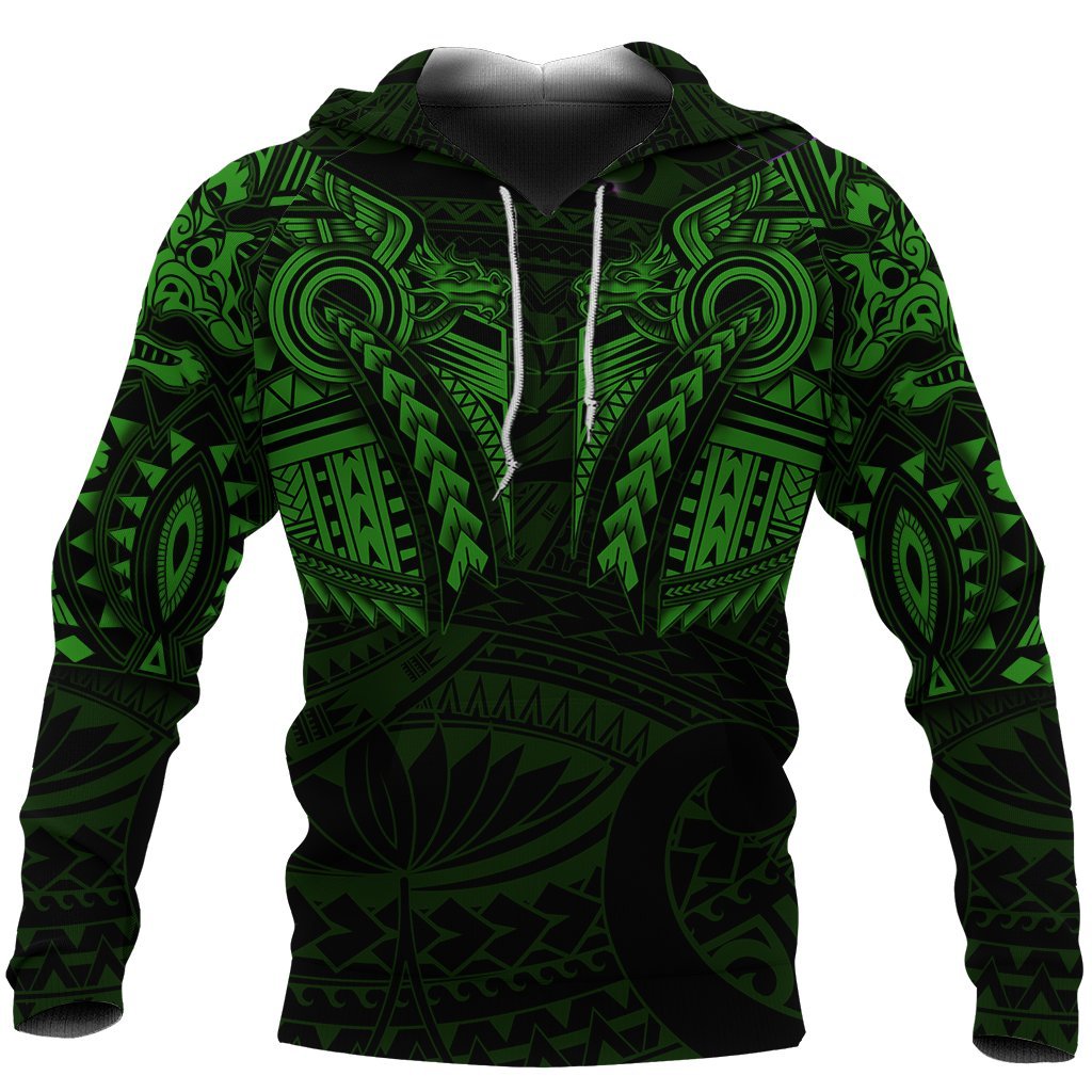 New Zealand Hoodie, Maori Tattoo Wolf Dragon Pullover Hoodie - Green - Vibe Hoodie Shop