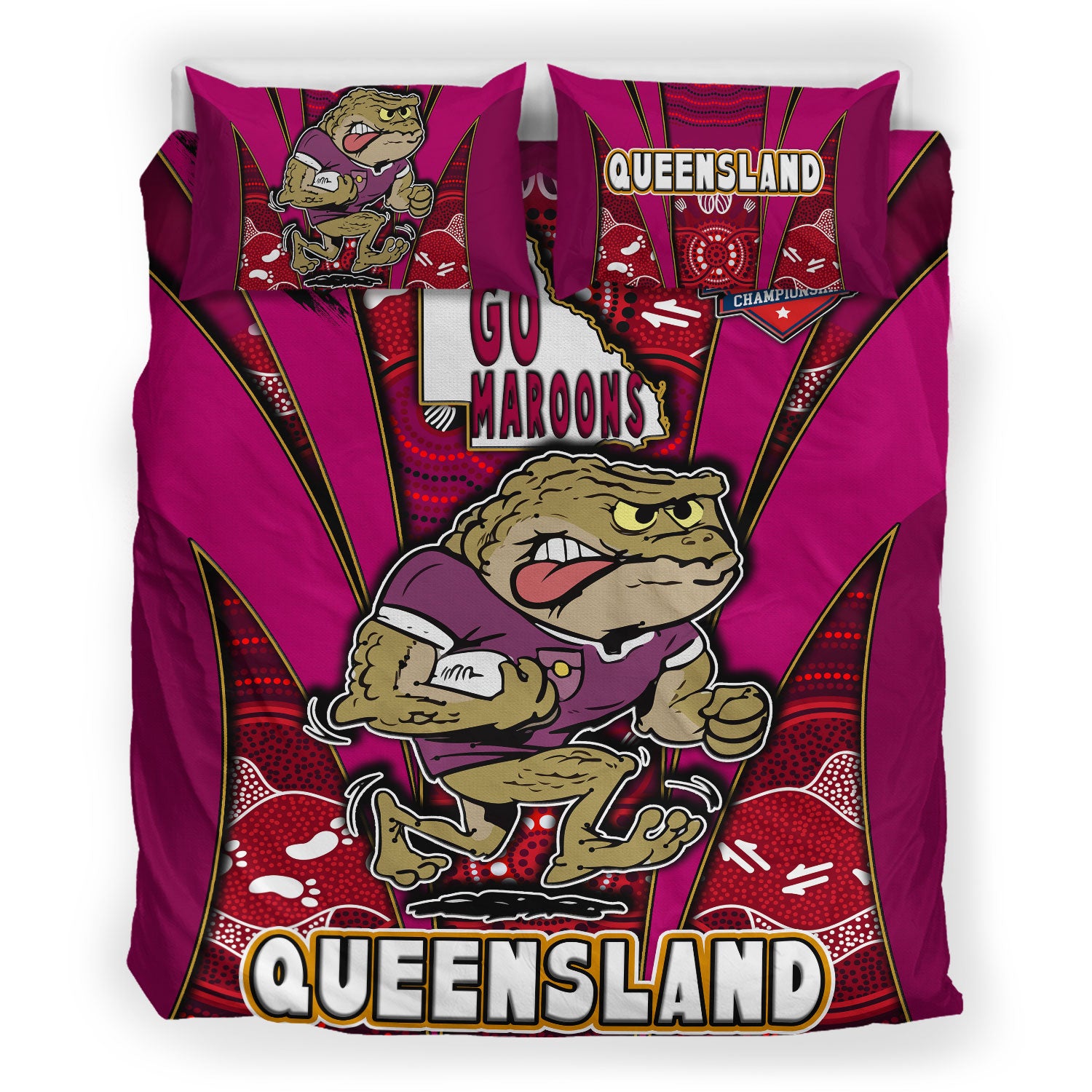 Queensland Rugby League Team Bedding Set - Queensland Maroons Mascot With Aboriginal Art STATE OF ORIGIN Bedding Set - Vibe Hoodie Shop