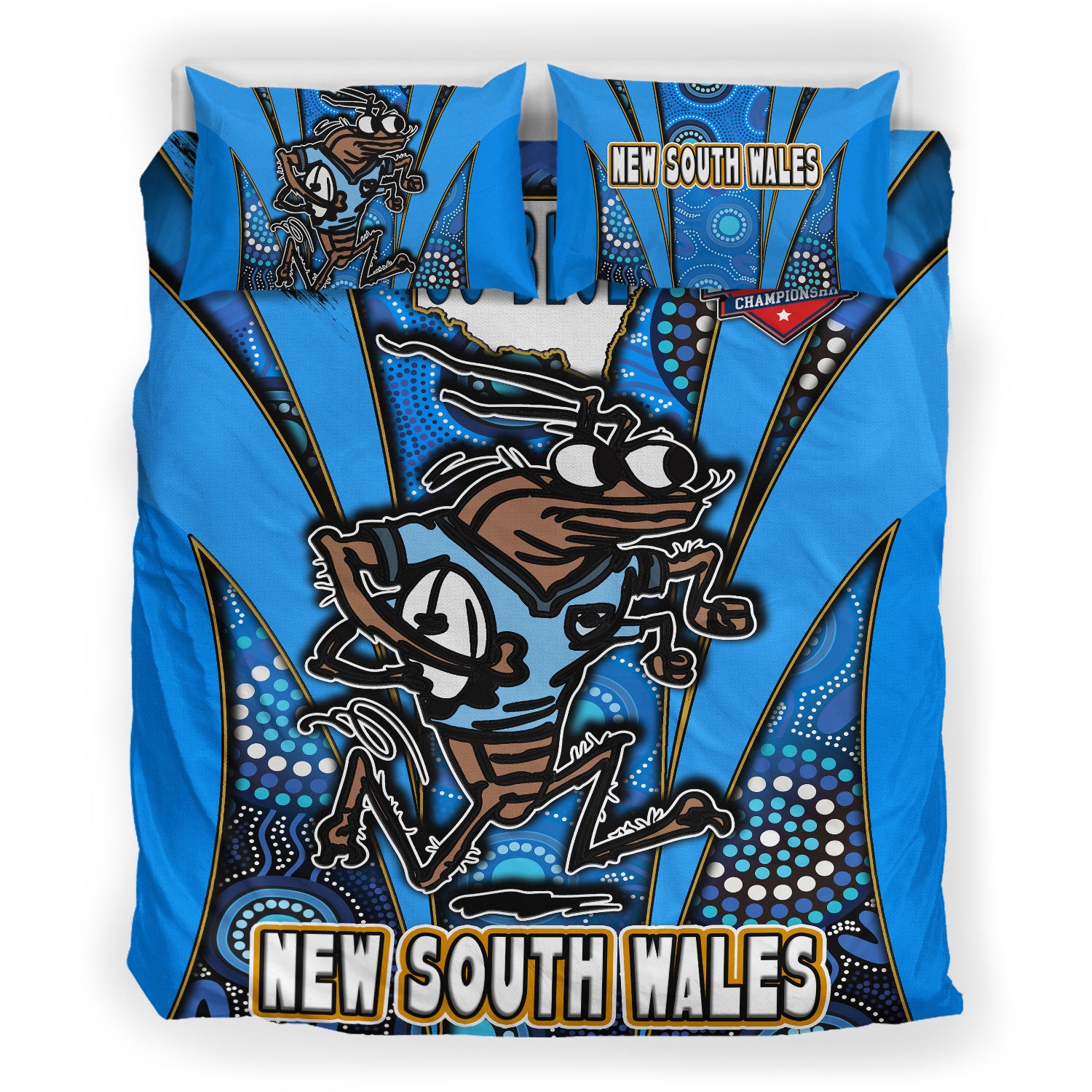 New South Wales Rugby League Team Bedding Set - New South Wales Blues Mascot With Aboriginal Art STATE OF ORIGIN Bedding Set - Vibe Hoodie Shop