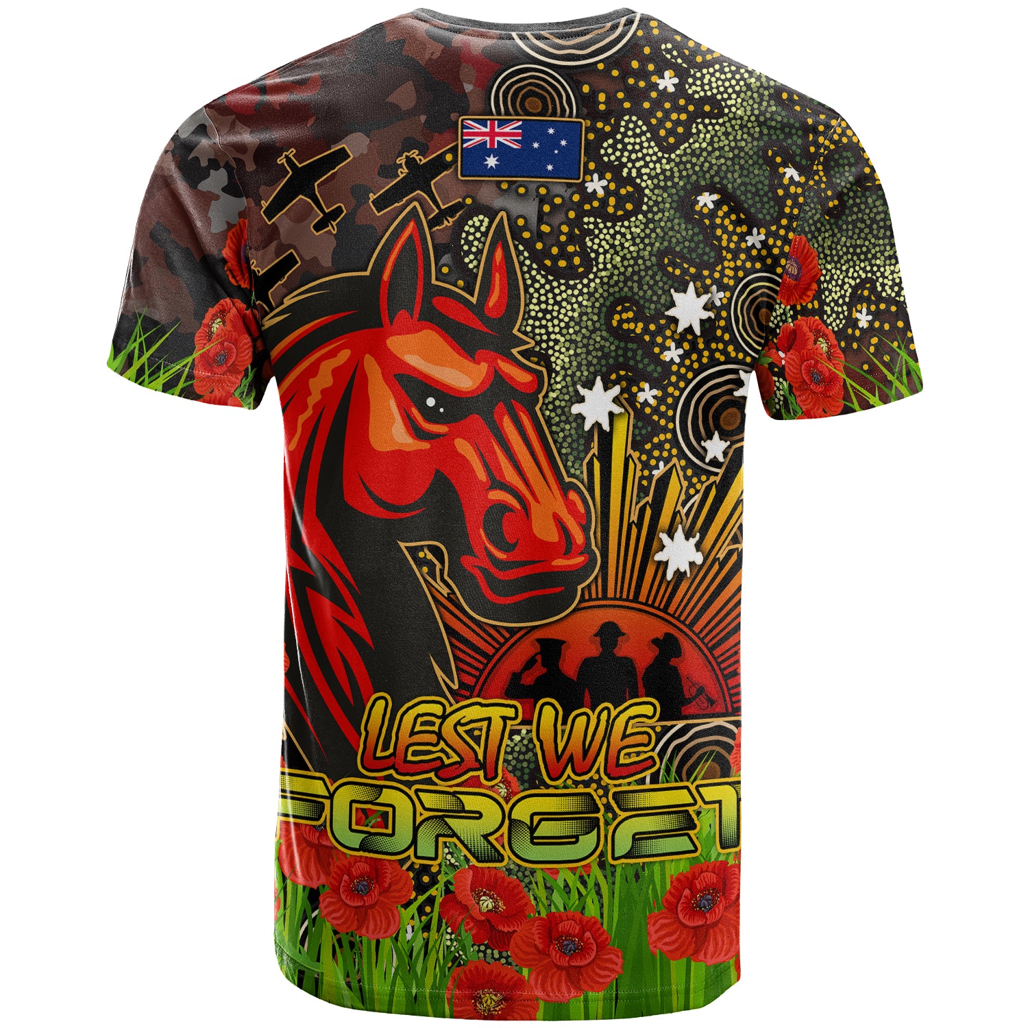 Australia Brisbane Anzac Custom T-shirt - Anzac Brisbane with Remembrance Poppy and Indigenous Patterns T-shirt - Vibe Hoodie Shop