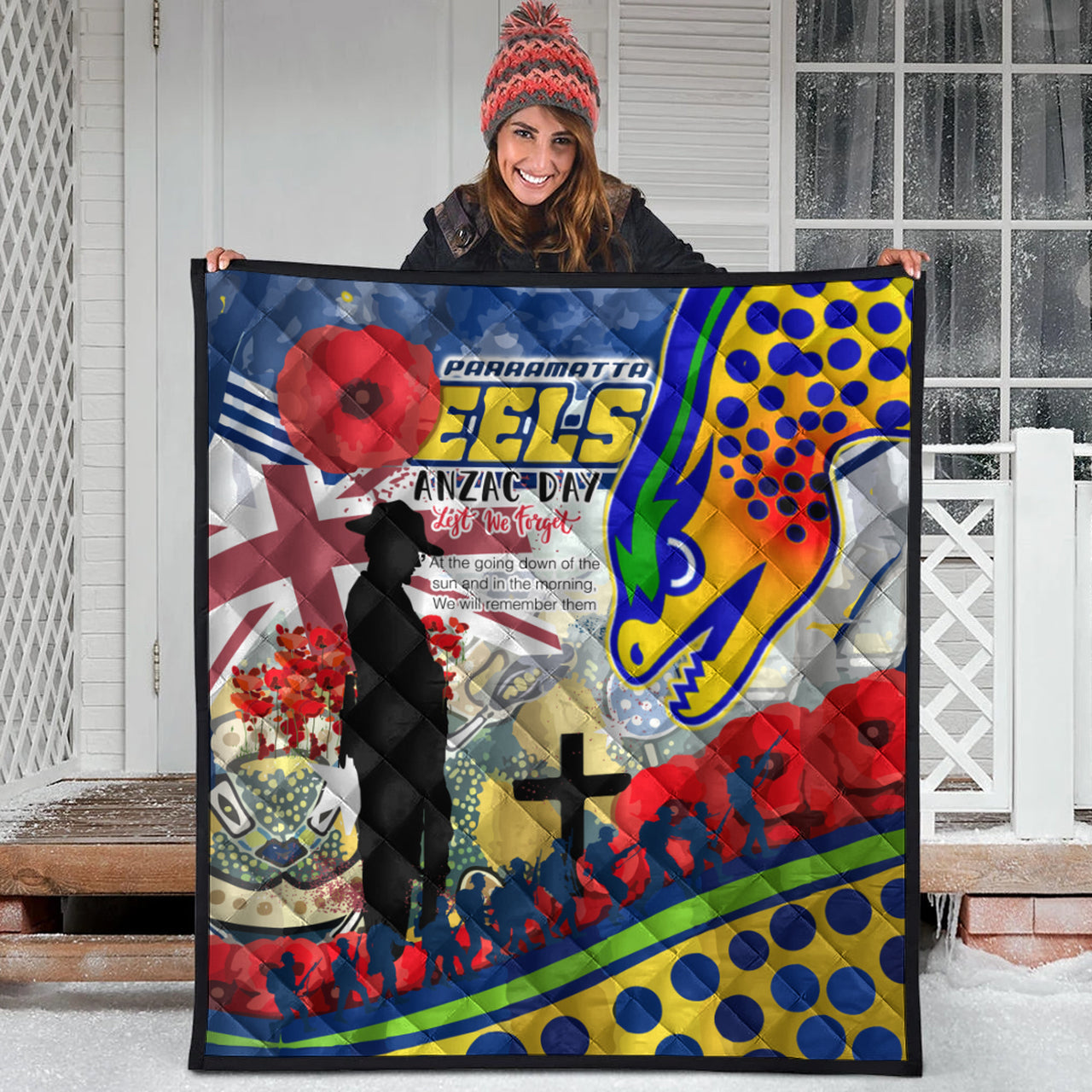 Eels Rugby Australia ANZAC Day Lest We Forget Custom Quilt - Remembrance Eels With ANZAC Poppy Watercolour Style RLT13 - Vibe Hoodie Shop