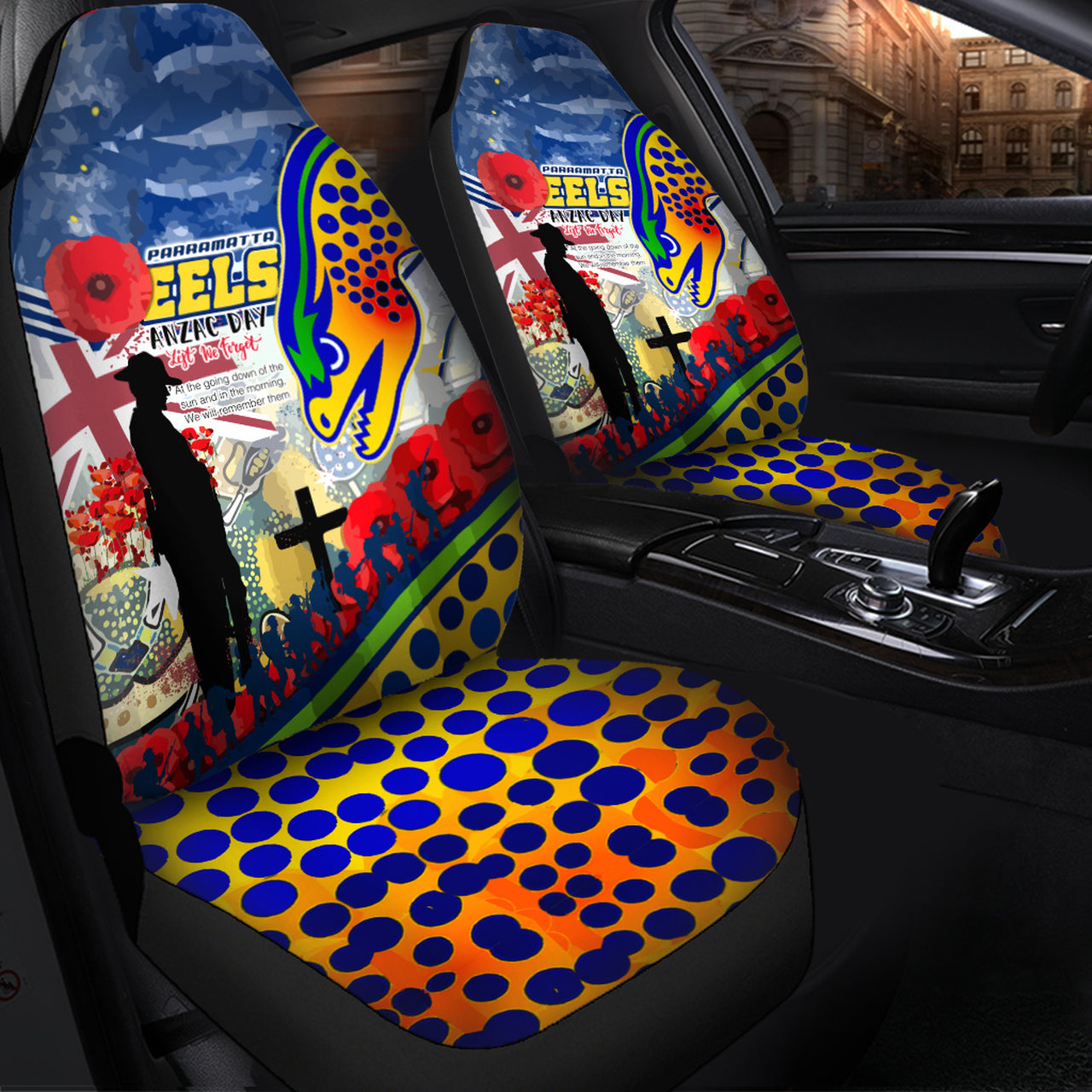 Eels Rugby Australia ANZAC Day Lest We Forget Custom Car Seat Cover - Remembrance Eels With ANZAC Poppy Watercolour Style RLT13 - Vibe Hoodie Shop