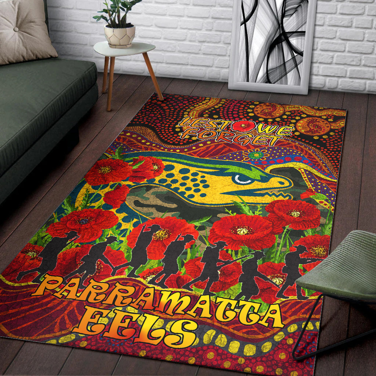 Eels Rugby Aboriginal ANZAC Day Custom Area Rug - Lest We Forget Eels With Poppy Flower LT10 - Vibe Hoodie Shop