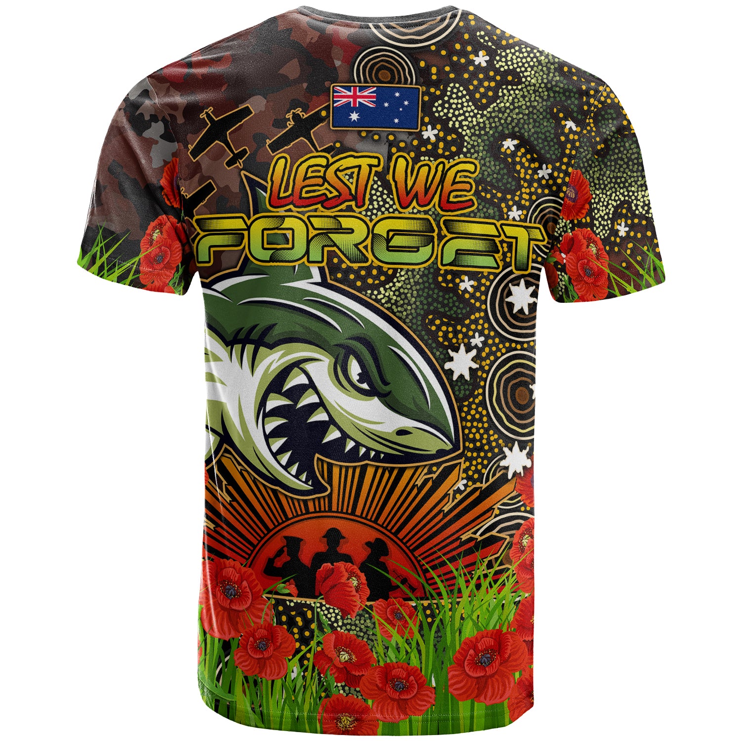 Australia Cronulla Anzac T-shirt - Custom Anzac Remembrance Poppy and Indigenous Patterns T-shirt - Vibe Hoodie Shop