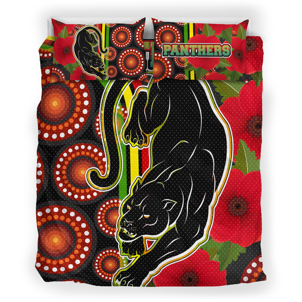Panthers Rugby Bedding Set - Aboriginal Panthers ANZAC Day Panther With Poppy Flower Bedding Set RLT12 - Vibe Hoodie Shop