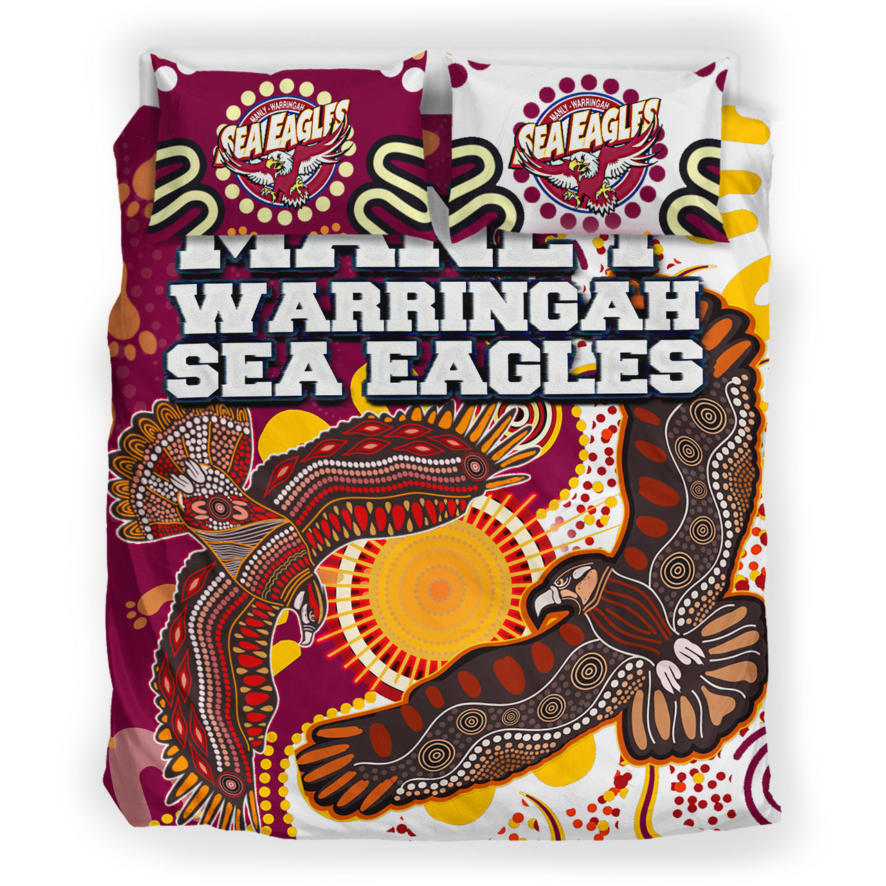 Sea Eagles Aboriginal Rugby Bedding Set - Double Sea Eagles With Tribal Sun And Footprints RLT13 - Vibe Hoodie Shop