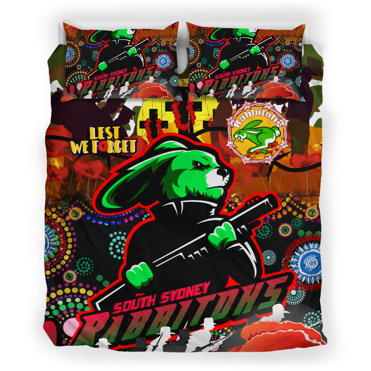 Rabbitohs Rugby Custom Camouflage ANZAC Poppy Bedding Set - Souths ANZAC Lest We Forget Spirit RLT13 - Vibe Hoodie Shop