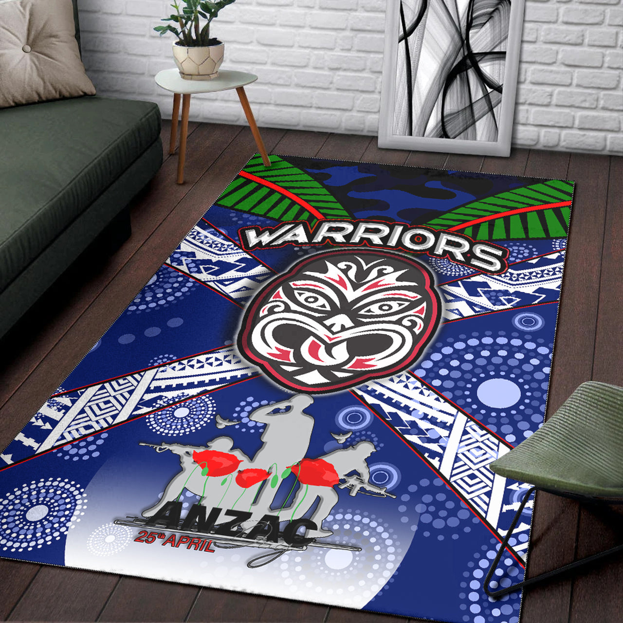 Warriors Rugby Area Rug - Aboriginal Dot Art ANZAC Day Warriors With Poppy Flower Patterns Area Rug RLT12 - Vibe Hoodie Shop