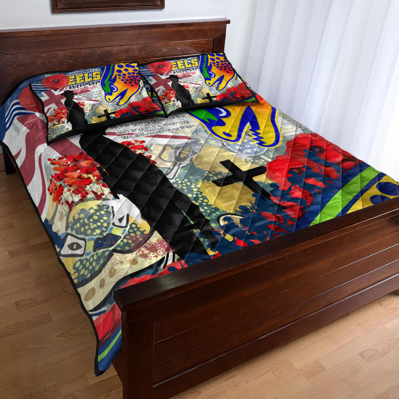 Eels Rugby Australia ANZAC Day Lest We Forget Custom Quilt Bed Set - Remembrance Eels With ANZAC Poppy Watercolour Style RLT13 - Vibe Hoodie Shop