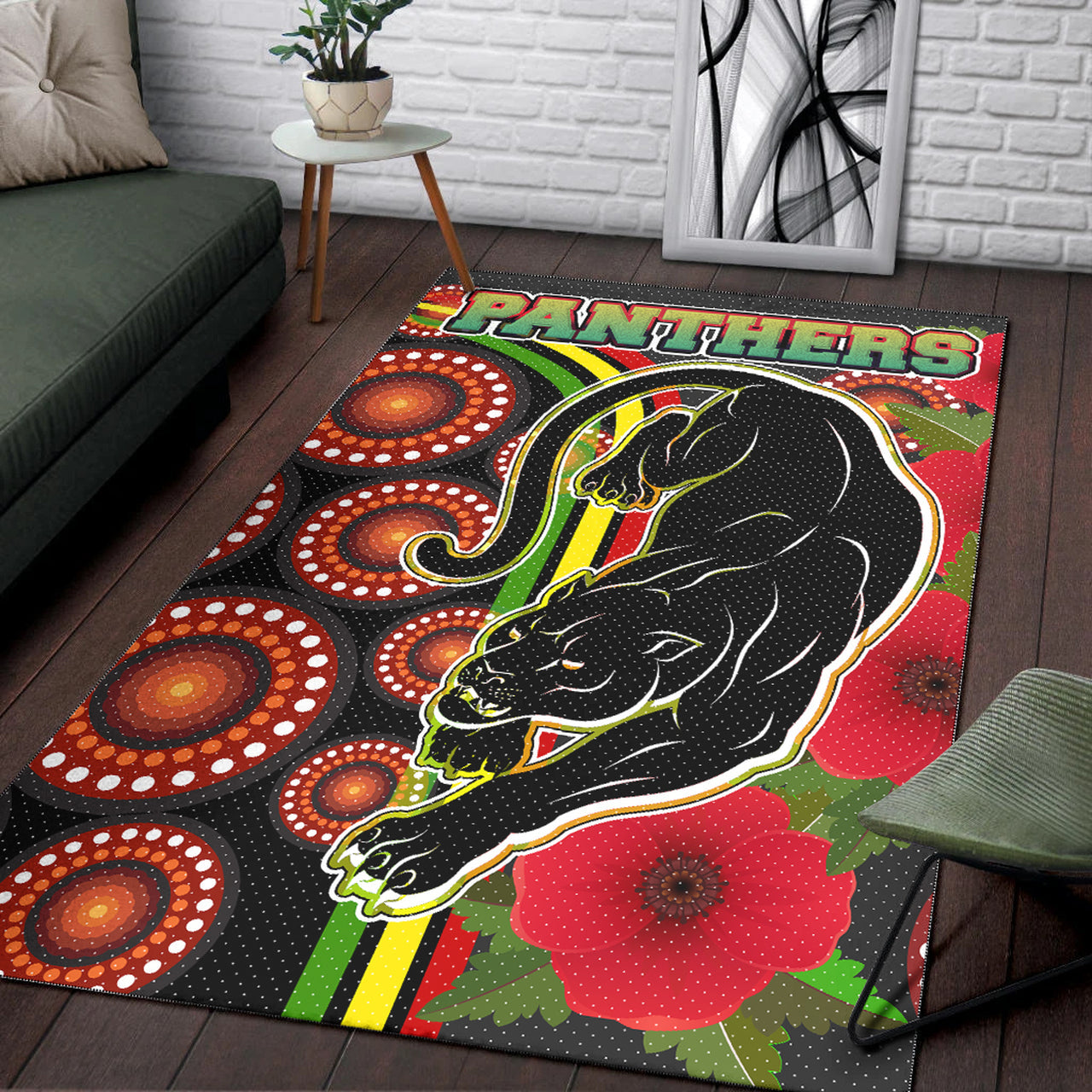 Panthers Rugby Area Rug - Aboriginal Panthers ANZAC Day Panther With Poppy Flower Area Rug RLT12 - Vibe Hoodie Shop