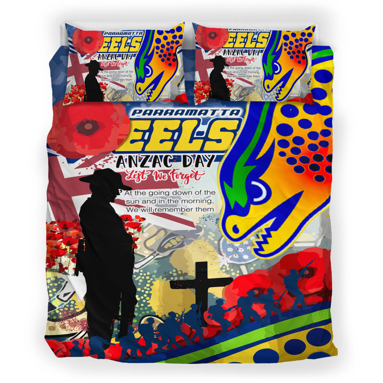 Eels Rugby Australia ANZAC Day Lest We Forget Custom Bedding Set - Remembrance Eels With ANZAC Poppy Watercolour Style RLT13 - Vibe Hoodie Shop