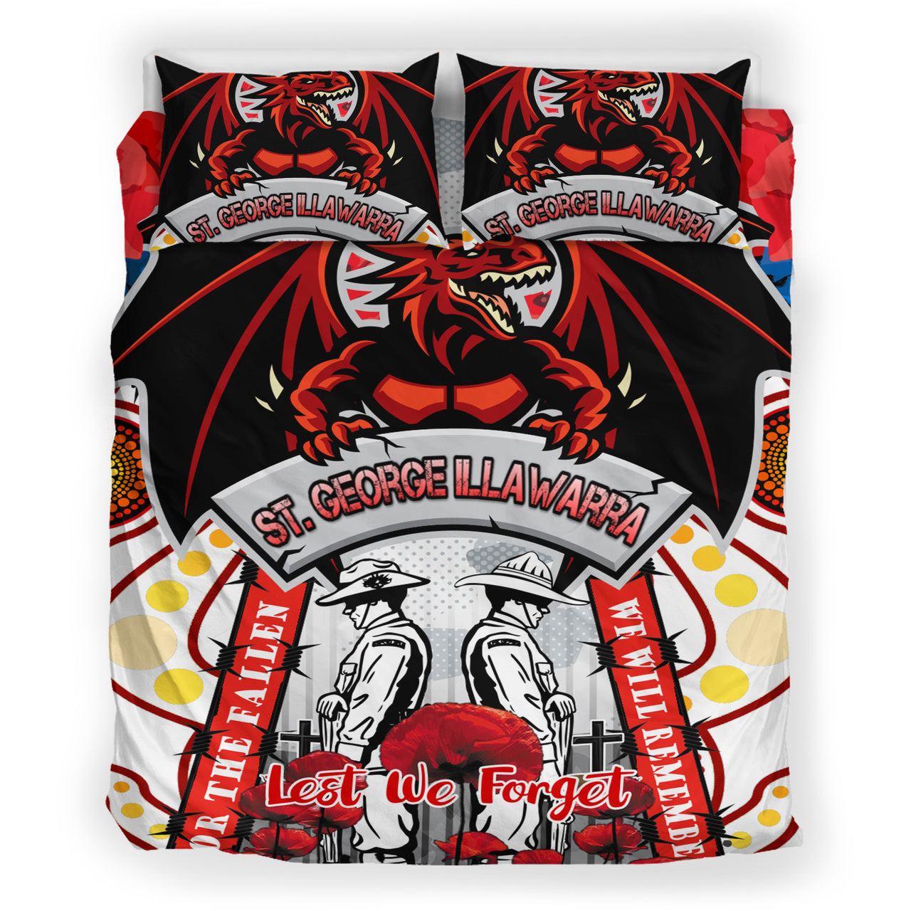 St. George Rugby ANZAC Day Watercolour Custom Bedding Set - Remembrance Dragons With Poppy Flower RLT13 - Vibe Hoodie Shop