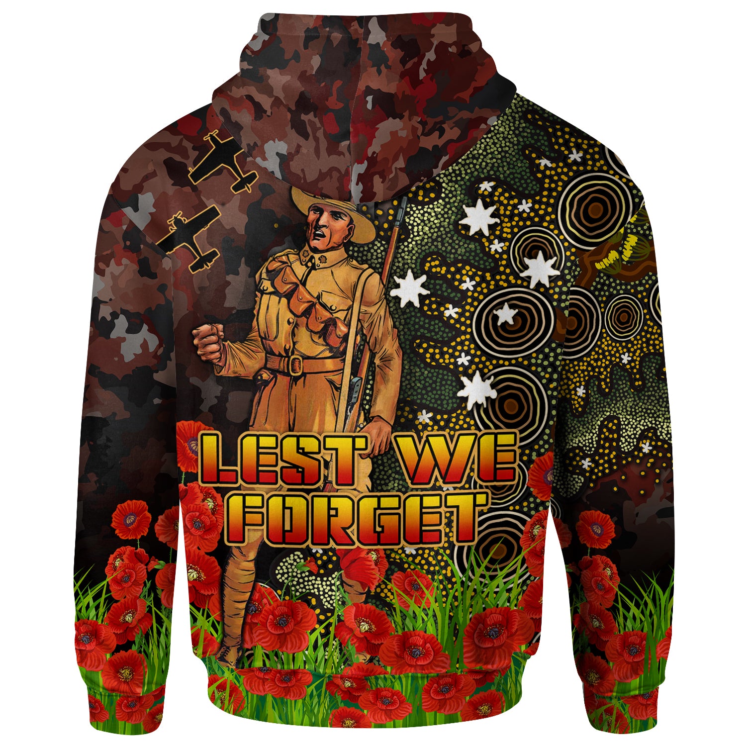 Australia Anzac Hoodie - Anzac Soldier with Remembrance Poppy and Indigenous Patterns Hoodie - Vibe Hoodie Shop