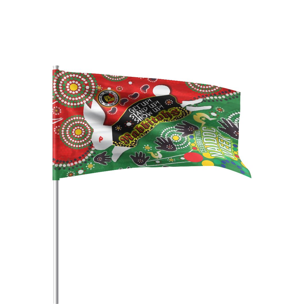 Rabbitohs Rugby Watercolour Dot Painting Flag - Naidoc Week Custom Rabbitohs Getting Up, Standing Up, Showing Up Flag - Vibe Hoodie Shop