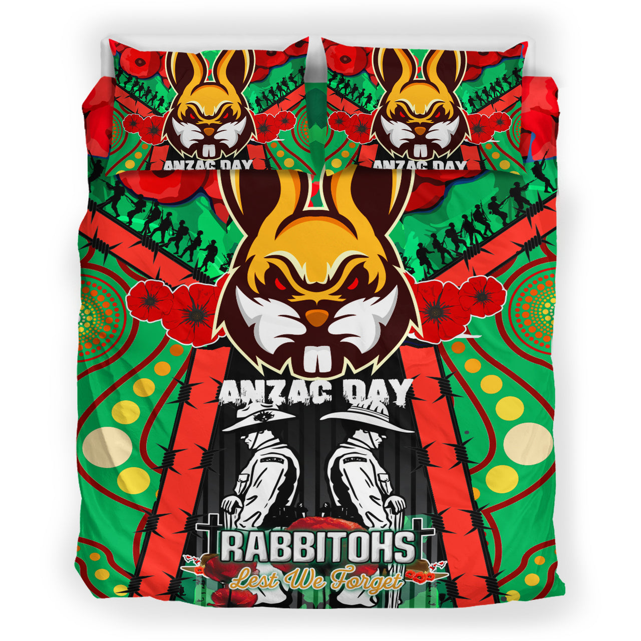 Rabbitohs Rugby Aboriginal ANZAC Day Custom Watercolour Bedding Set - Remembrance Indigenous Rabbitohs With Poppy Flower RLT13 - Vibe Hoodie Shop
