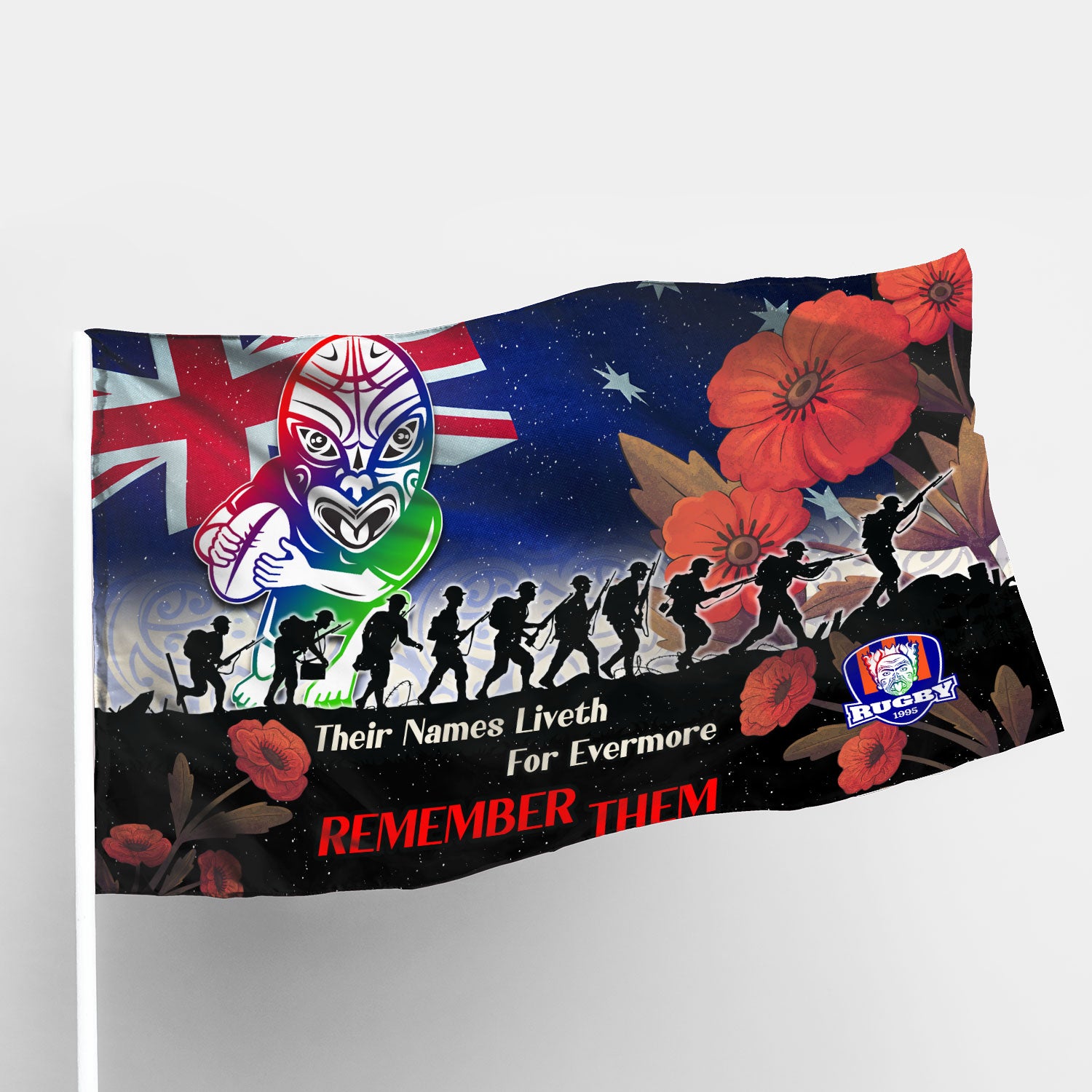 Warriors Rugby Flag - REMEMBER THEM Red Poppy Flowers Flag - Vibe Hoodie Shop