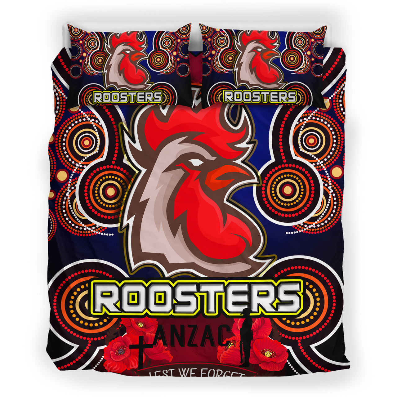 Roosters Rugby Bedding Set - Aboriginal Rooster ANZAC Day Lest We Forget With Poppy Flower Patterns Bedding Set RLT12 - Vibe Hoodie Shop