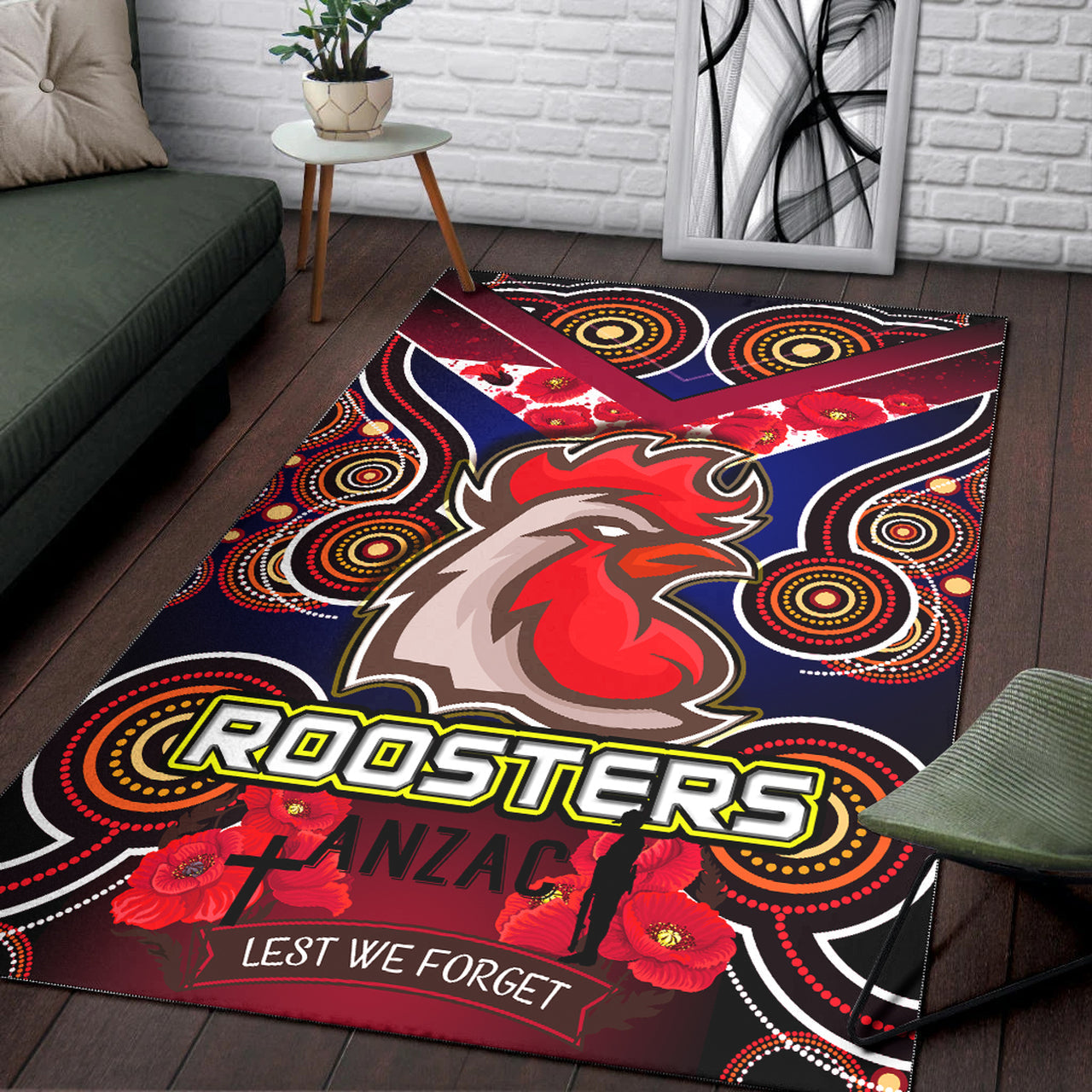 Roosters Rugby Area Rug - Aboriginal Rooster ANZAC Day Lest We Forget With Poppy Flower Patterns Area Rug RLT12 - Vibe Hoodie Shop