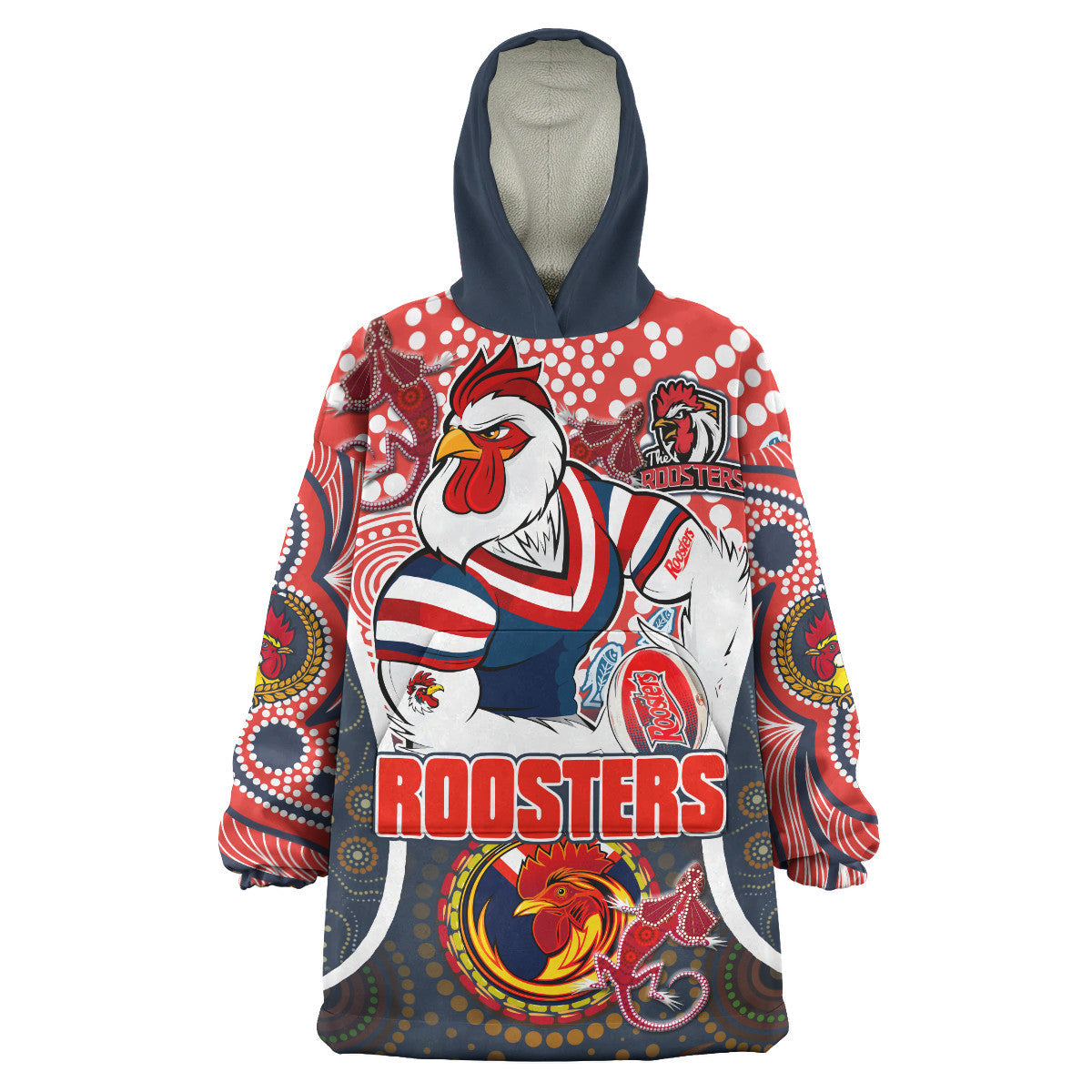 Roosters Rugby Snug Hoodie - Custom Mighty Roosters With Aboriginal Art Personalised Player And Number Wearable Blanket Hoodie - Vibe Hoodie Shop