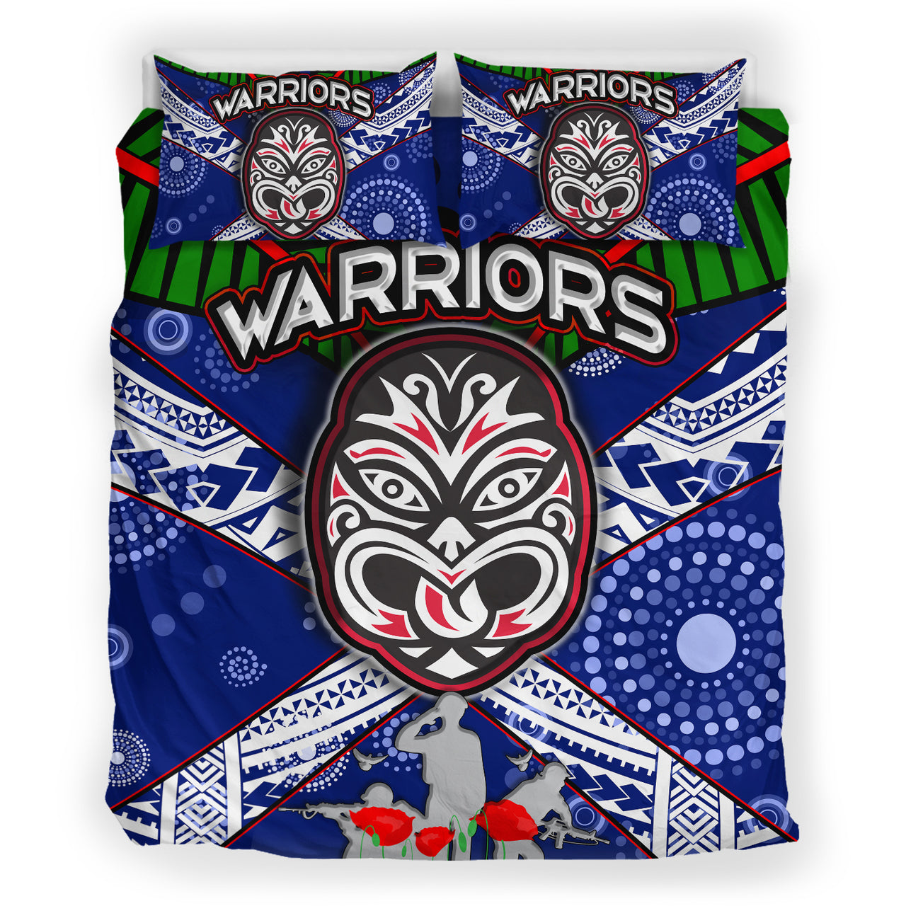 Warriors Rugby Bedding Set - Aboriginal Dot Art ANZAC Day Warriors With Poppy Flower Patterns Bedding Set RLT12 - Vibe Hoodie Shop