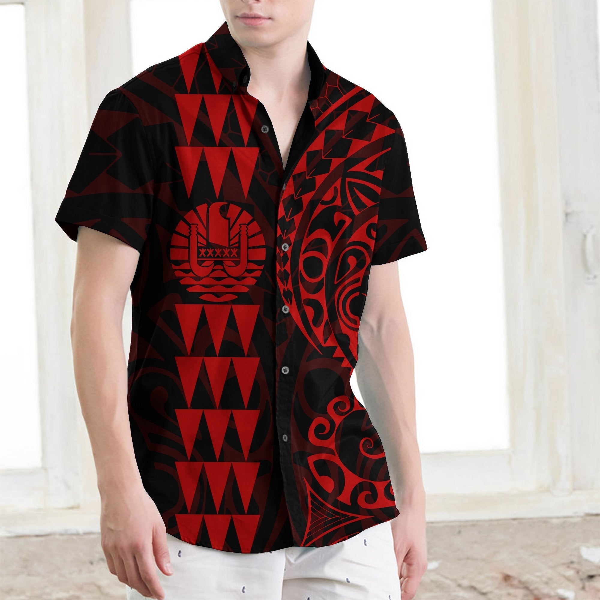 Tahiti Polynesian Short Sleeve Shirt Red - Vibe Hoodie Shop