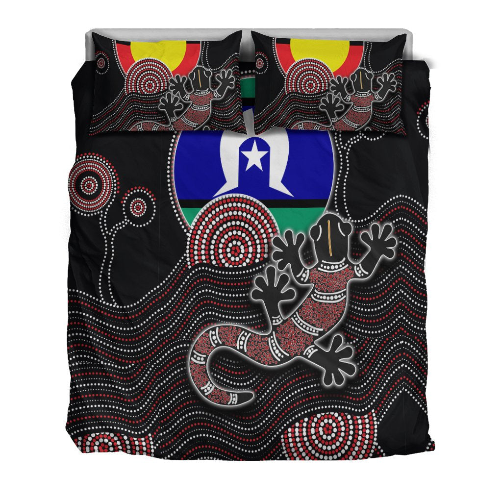 Aboriginal Bedding Set - Gecko with Torres Strait Islanders Flag - Vibe Hoodie Shop